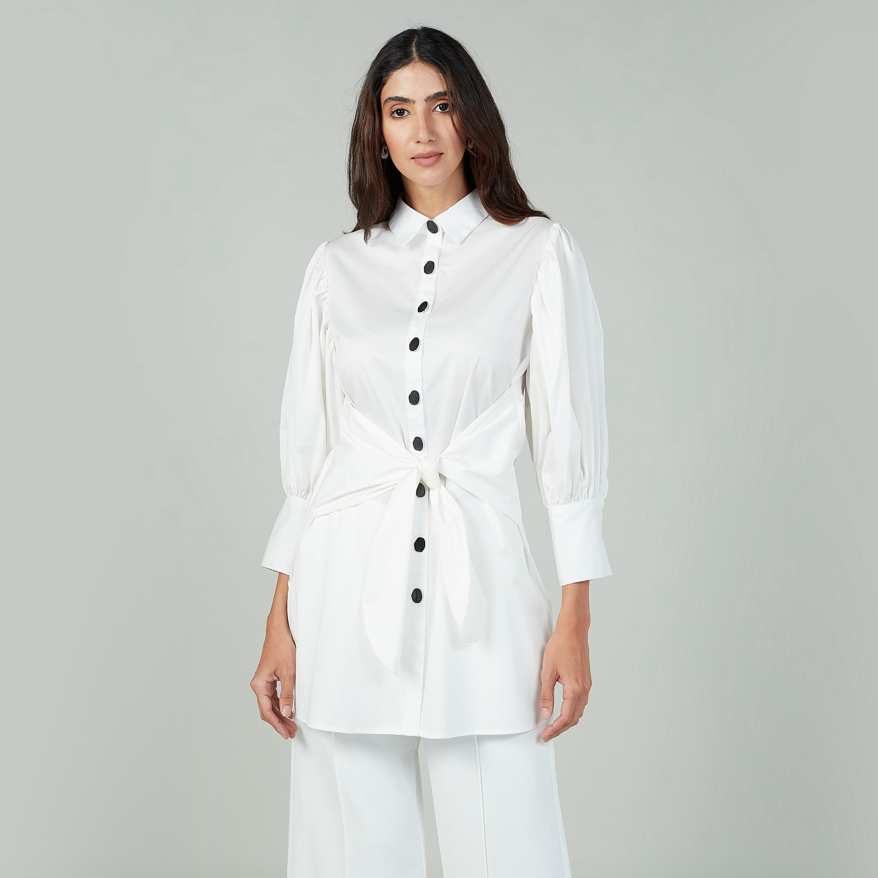 Iconic Plain Shirt with Bishop Sleeves and Tie Ups-women-clothing-shirtsandblouses-shirts-image-1