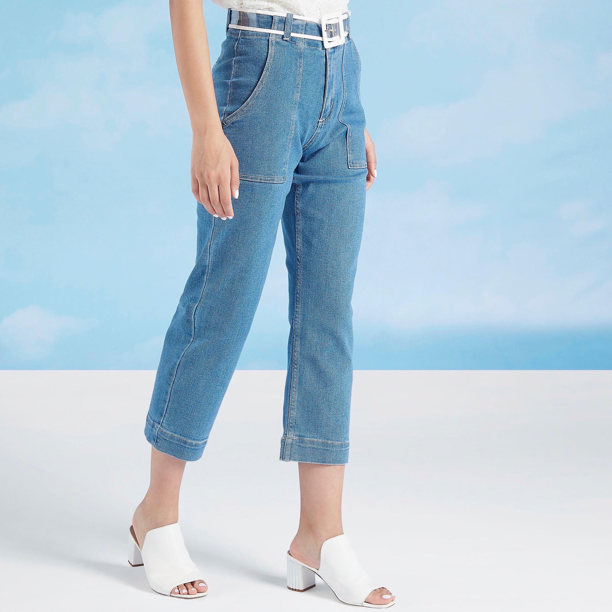 بنطلون سادة قصير بخصر متوسط الارتفاع وجيوب وحلقات للحزام من آيكونيك-women-clothing-bottoms-trousers-image-1