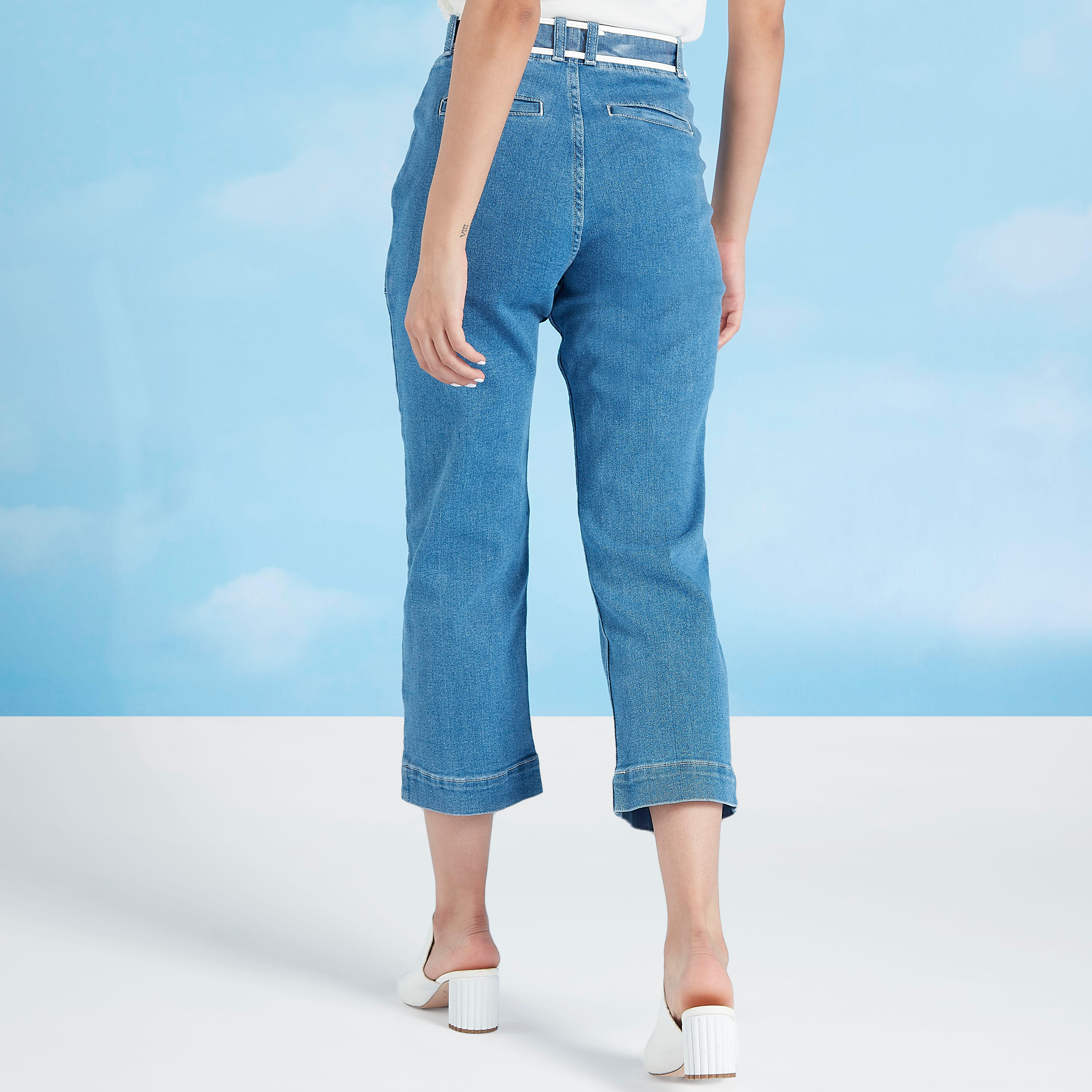بنطلون سادة قصير بخصر متوسط الارتفاع وجيوب وحلقات للحزام من آيكونيك-women-clothing-bottoms-trousers-image-4