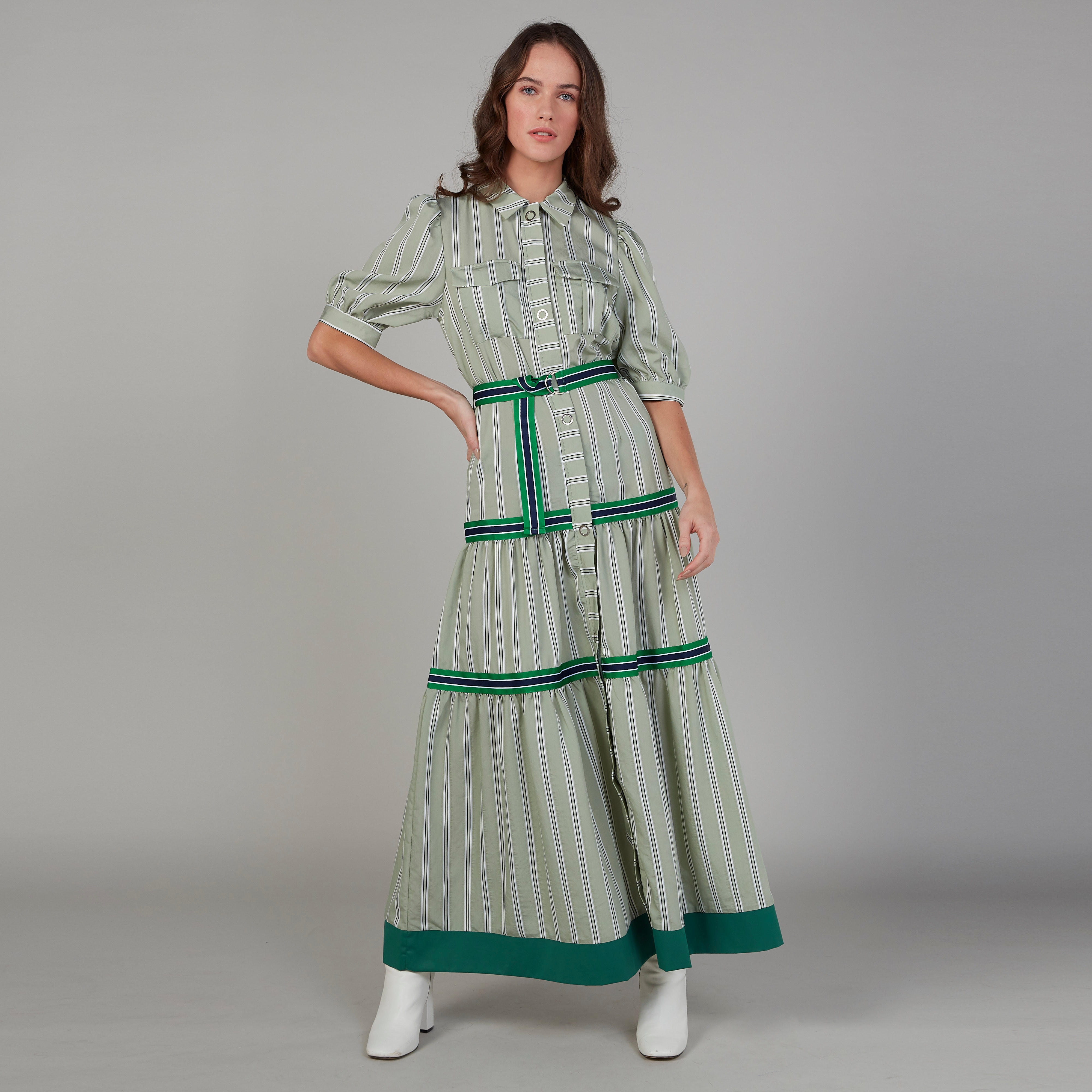 فستان مخطط طويل إيه لاين بأكمام 3/4 وطبعات حزام-women-clothing-dresses-image-1