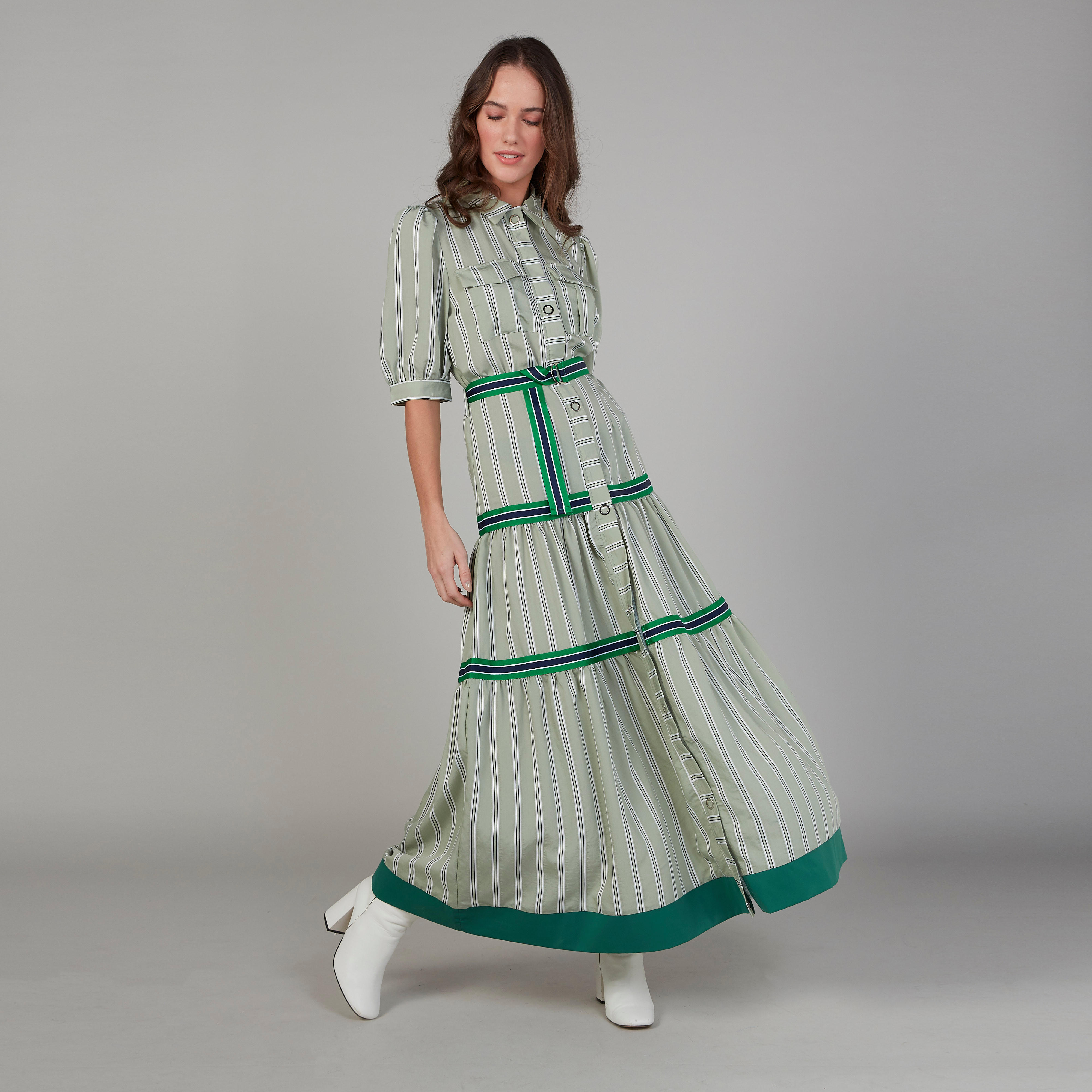 فستان مخطط طويل إيه لاين بأكمام 3/4 وطبعات حزام-women-clothing-dresses-image-2