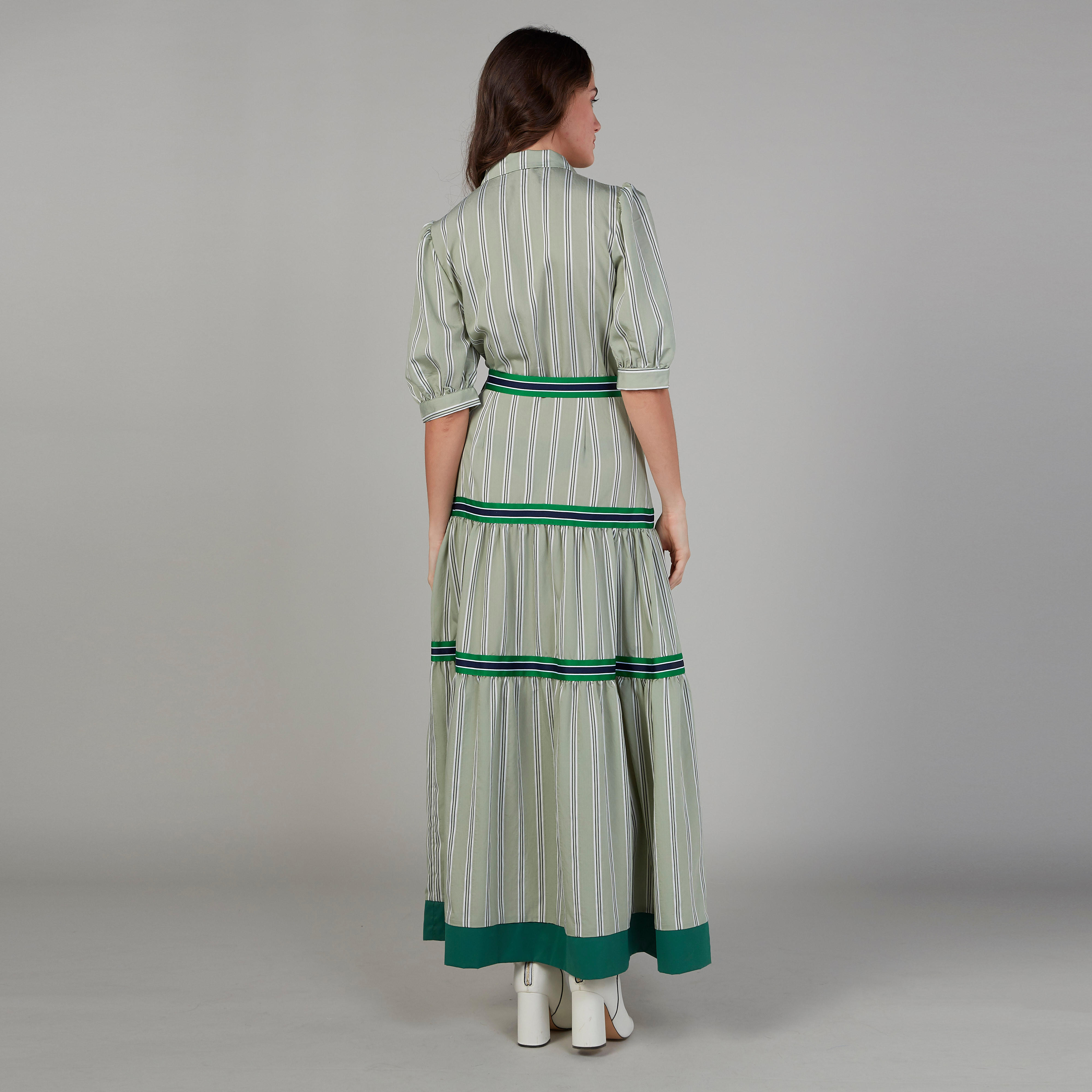 فستان مخطط طويل إيه لاين بأكمام 3/4 وطبعات حزام-women-clothing-dresses-image-4