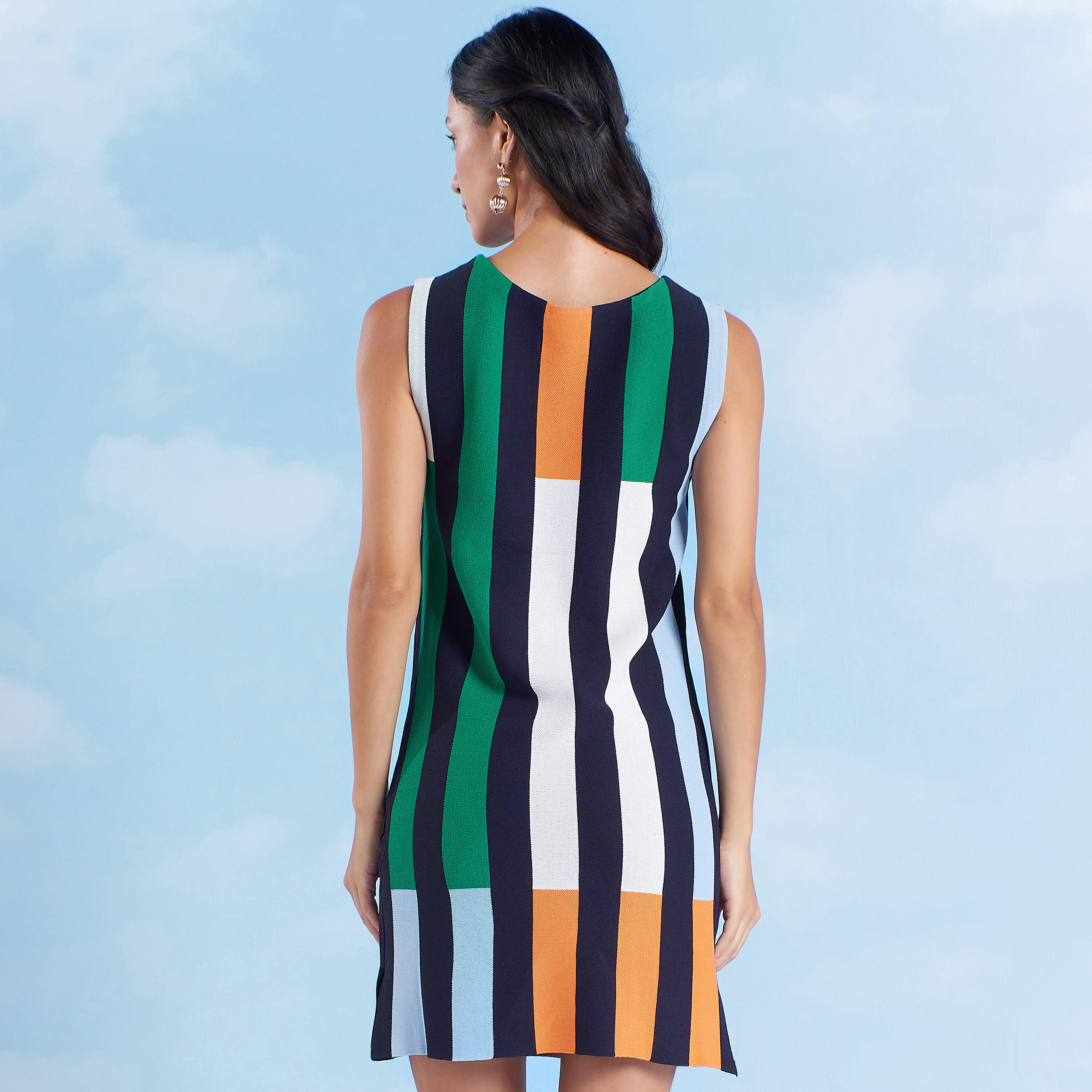 فستان مخطّط قصير إيه لاين بياقة مستديرة من تو أيكونك-women-clothing-dresses-image-4