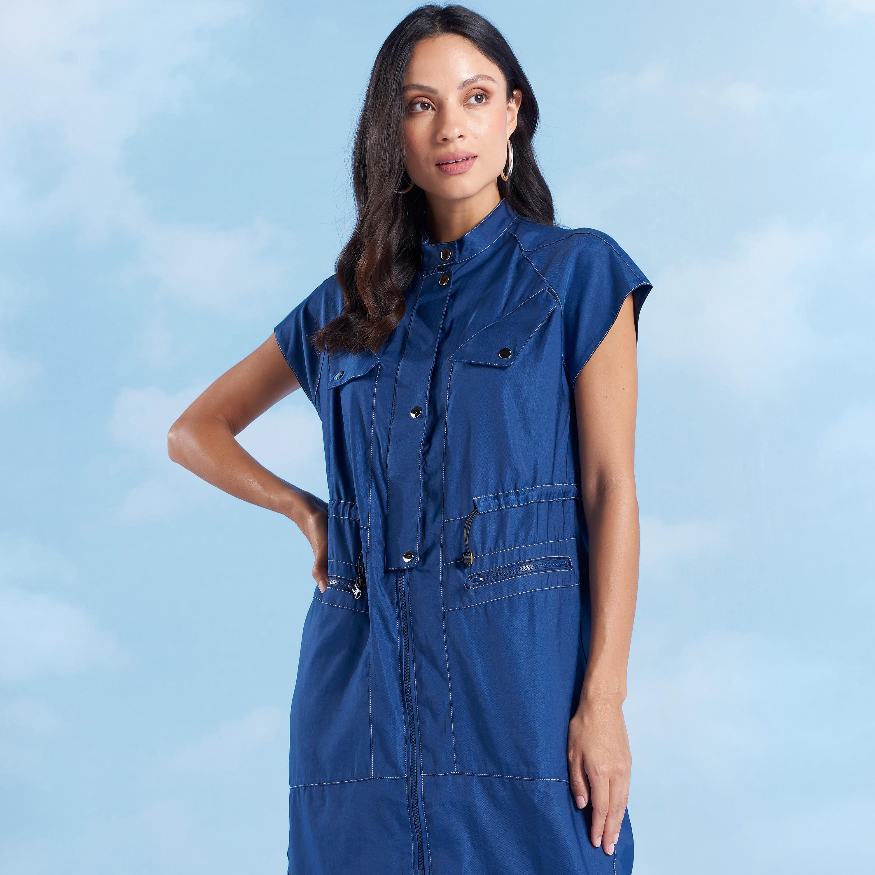 Iconic Solid Midi Dress with Mandarin Collar and Short Sleeves-women-clothing-dresses-image-2