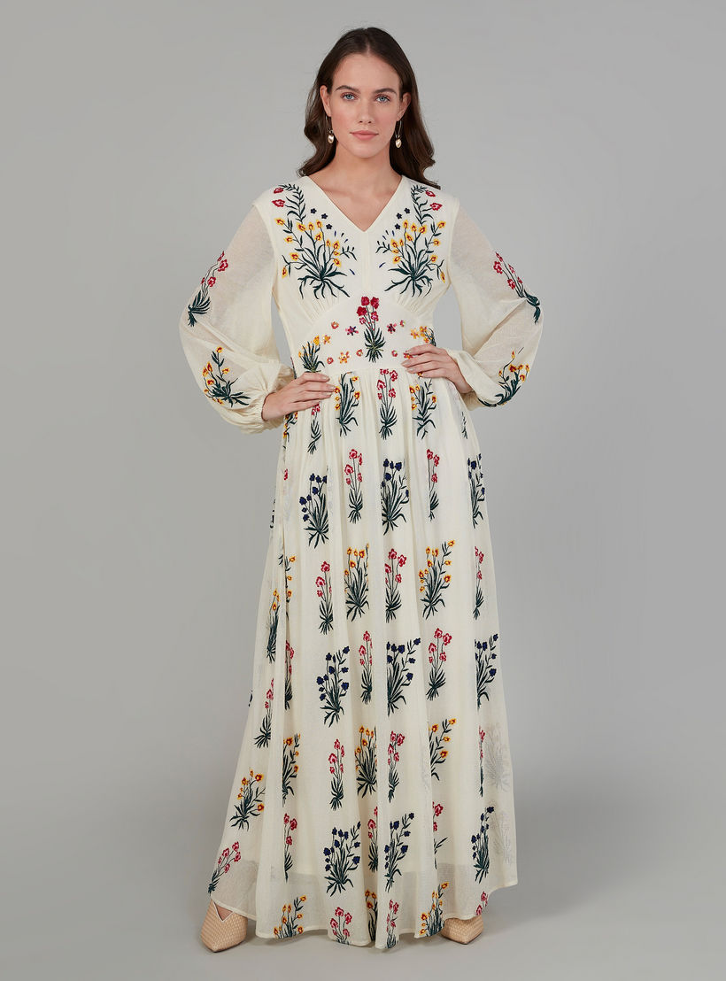 فستان طويل إيه لاين بياقة V وأكمام بيشوب من آيكونيك-women-clothing-dresses-image-1