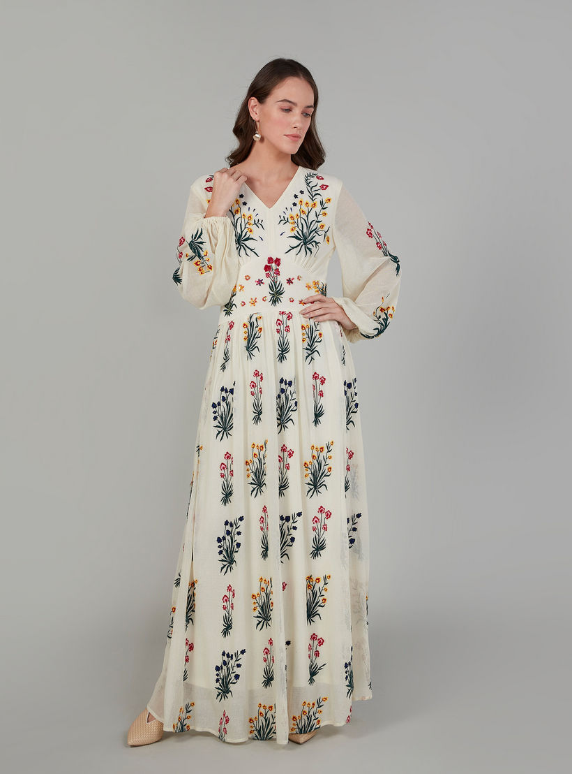 فستان طويل إيه لاين بياقة V وأكمام بيشوب من آيكونيك-women-clothing-dresses-image-2