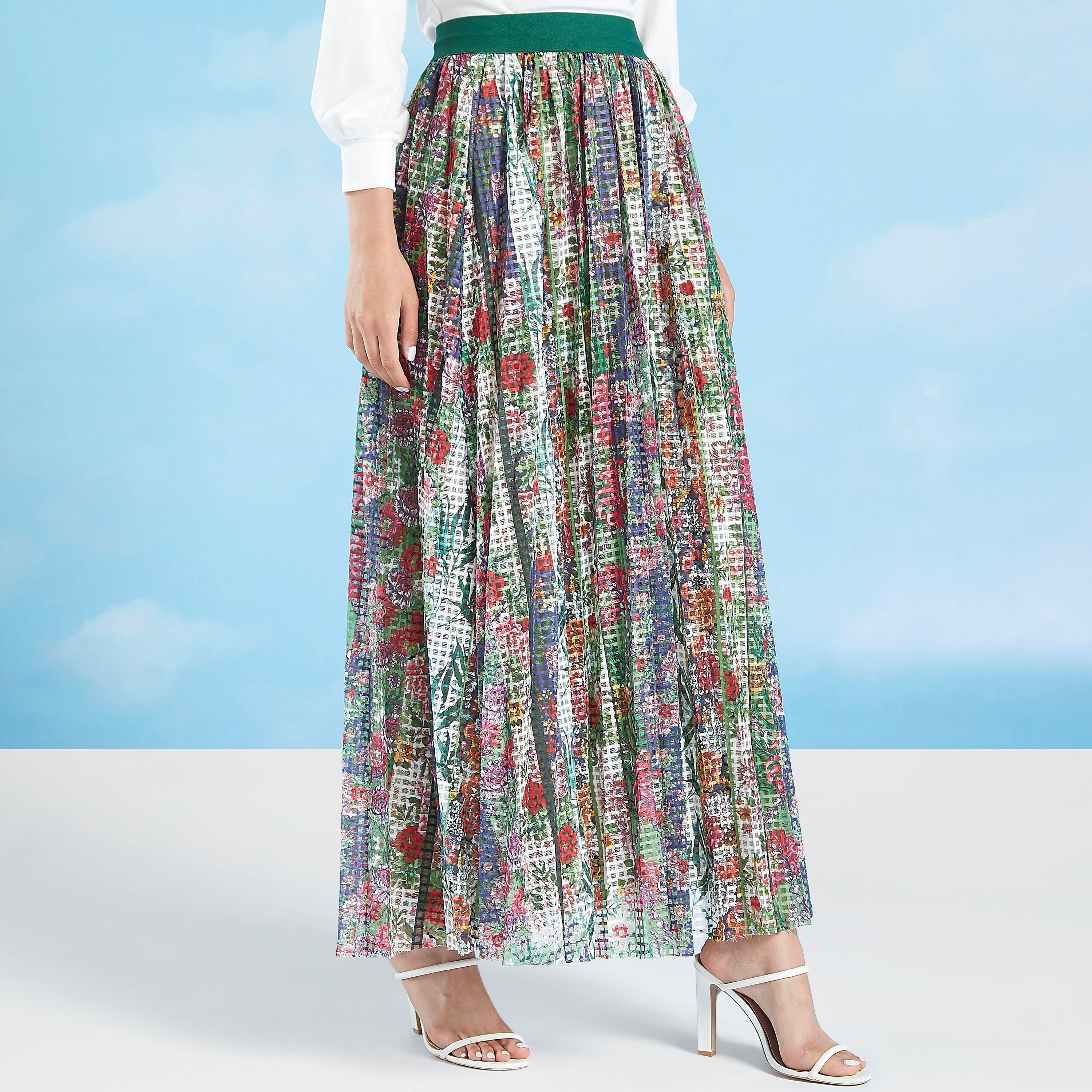 تنورة طويلة بخصر مطّاطي وطبعات زهرية من آيكونيك-women-clothing-bottoms-skirts-image-1