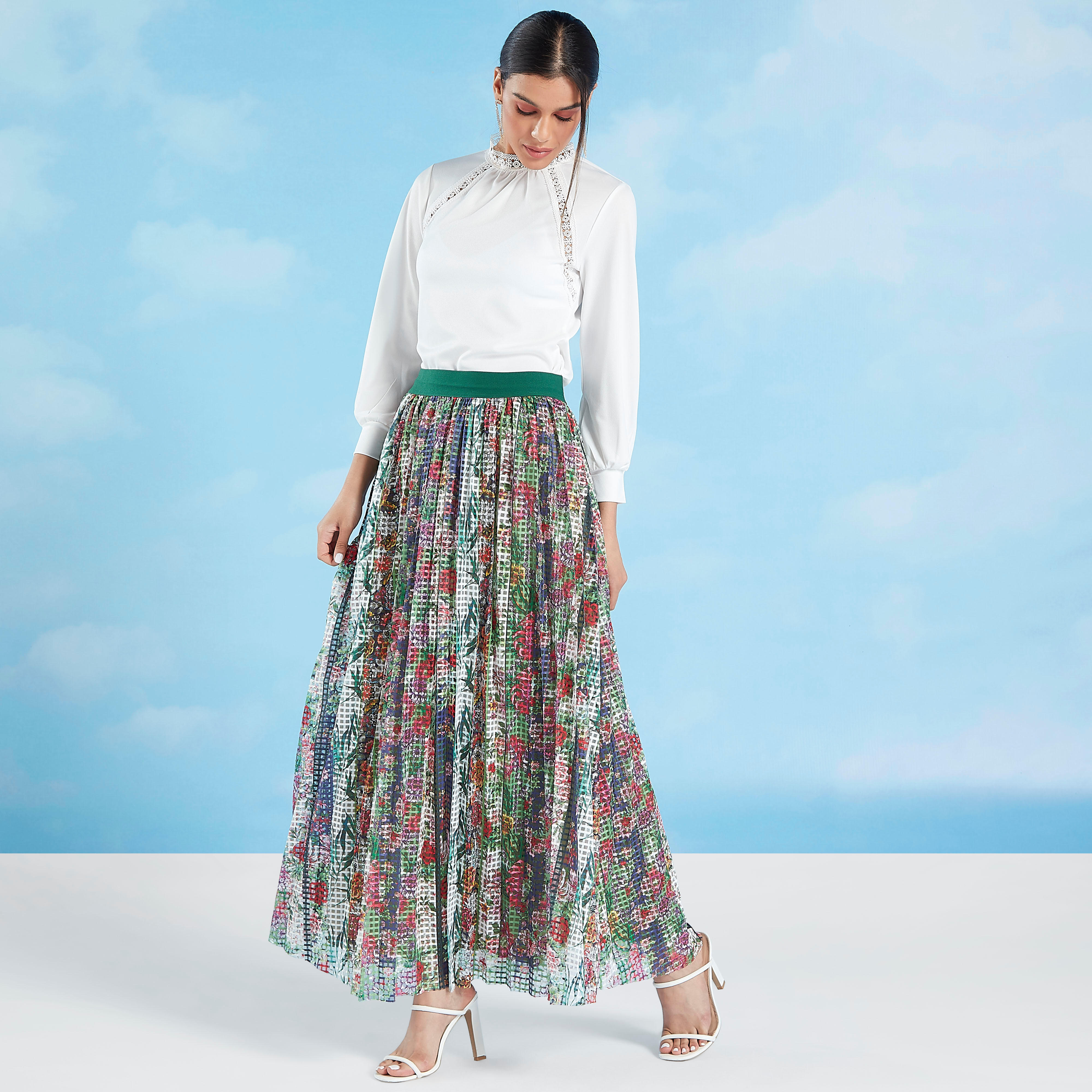 تنورة طويلة بخصر مطّاطي وطبعات زهرية من آيكونيك-women-clothing-bottoms-skirts-image-2