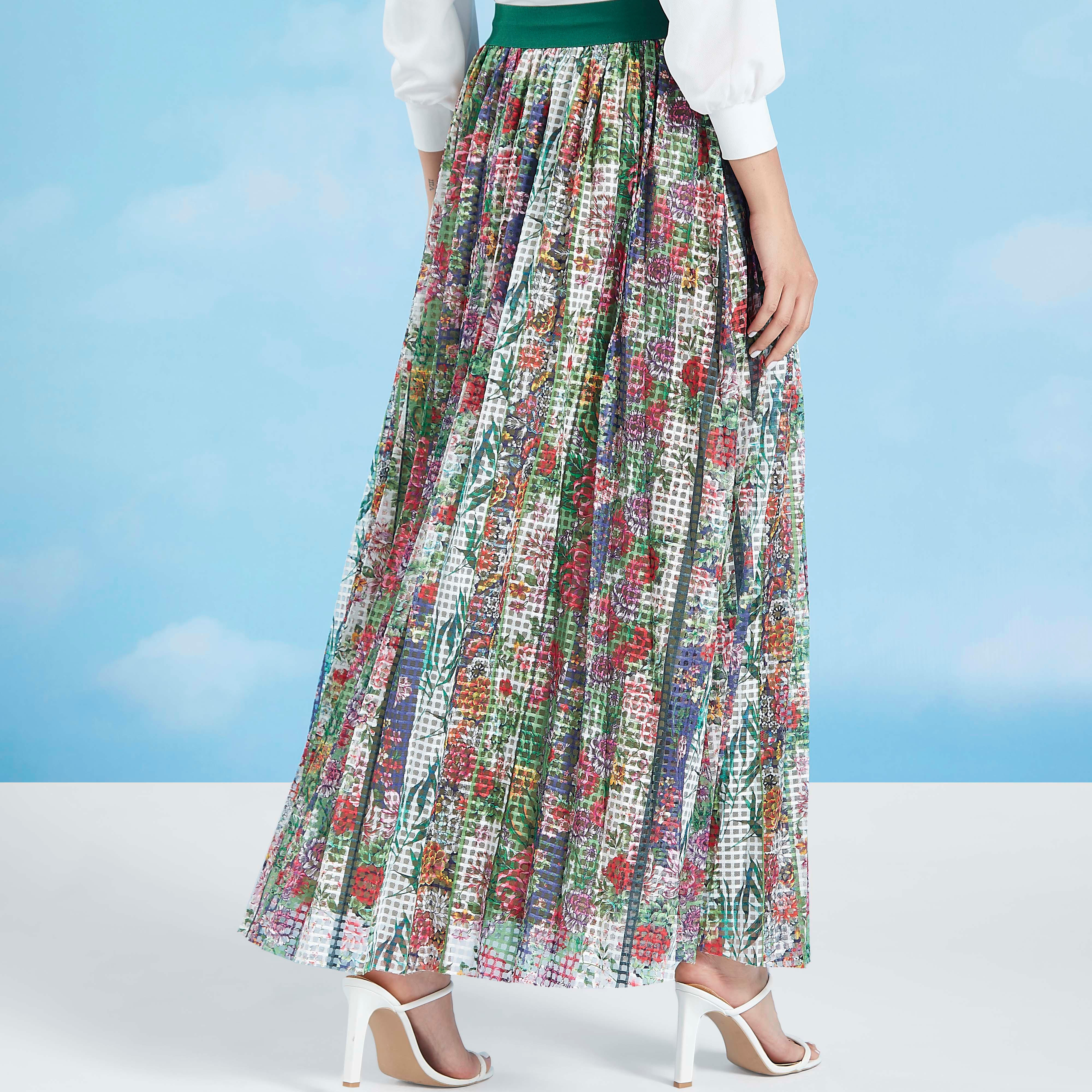 تنورة طويلة بخصر مطّاطي وطبعات زهرية من آيكونيك-women-clothing-bottoms-skirts-image-4