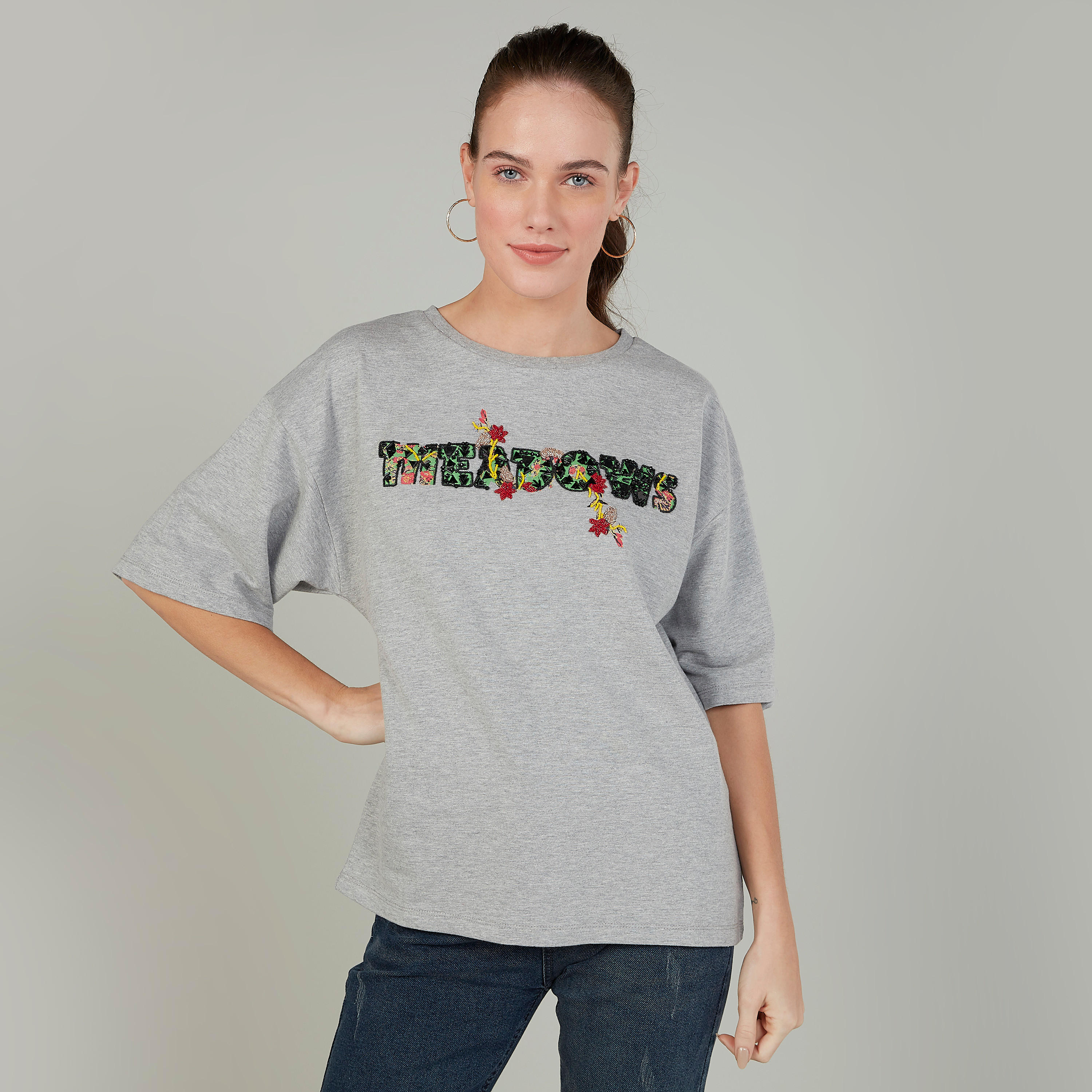 تيشيرت بياقة مستديرة وأكمام 3/4 وطبعات من آيكونيك-women-clothing-tshirts-image-1