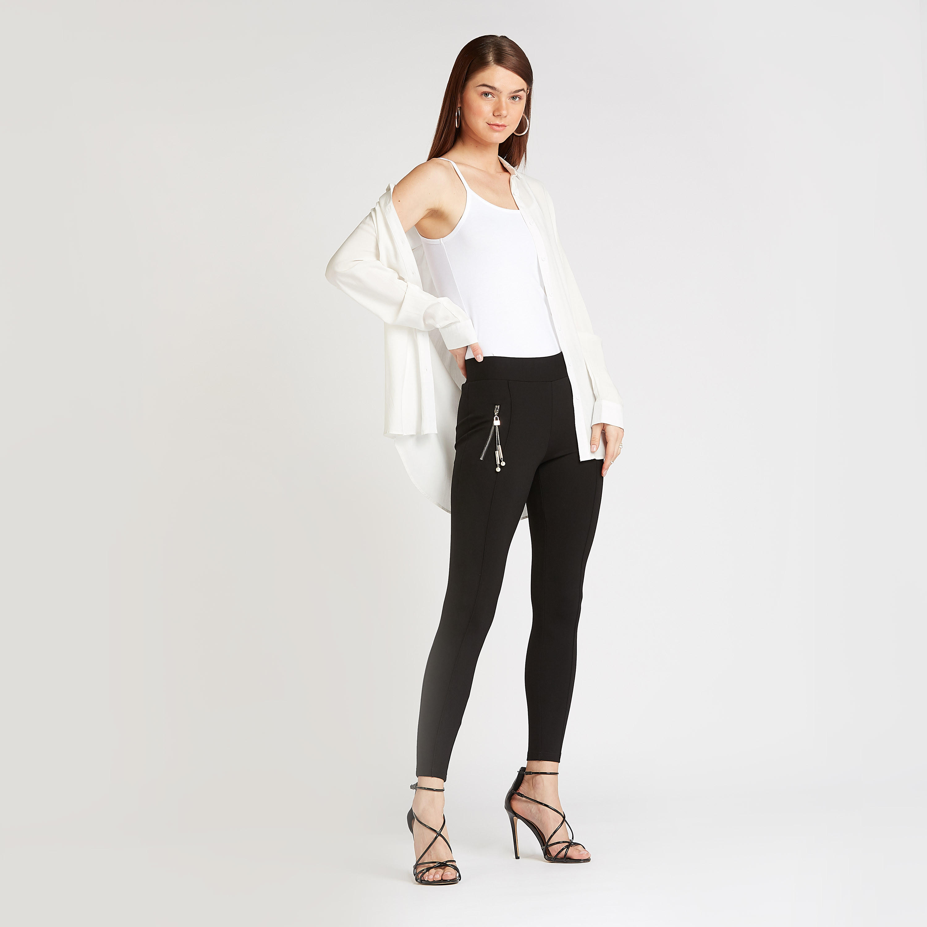 بنطلون ليقنز سادة متوسط الارتفاع بتفاصيل سحاب من أيكونيك-women-clothing-bottoms-leggings-image-2