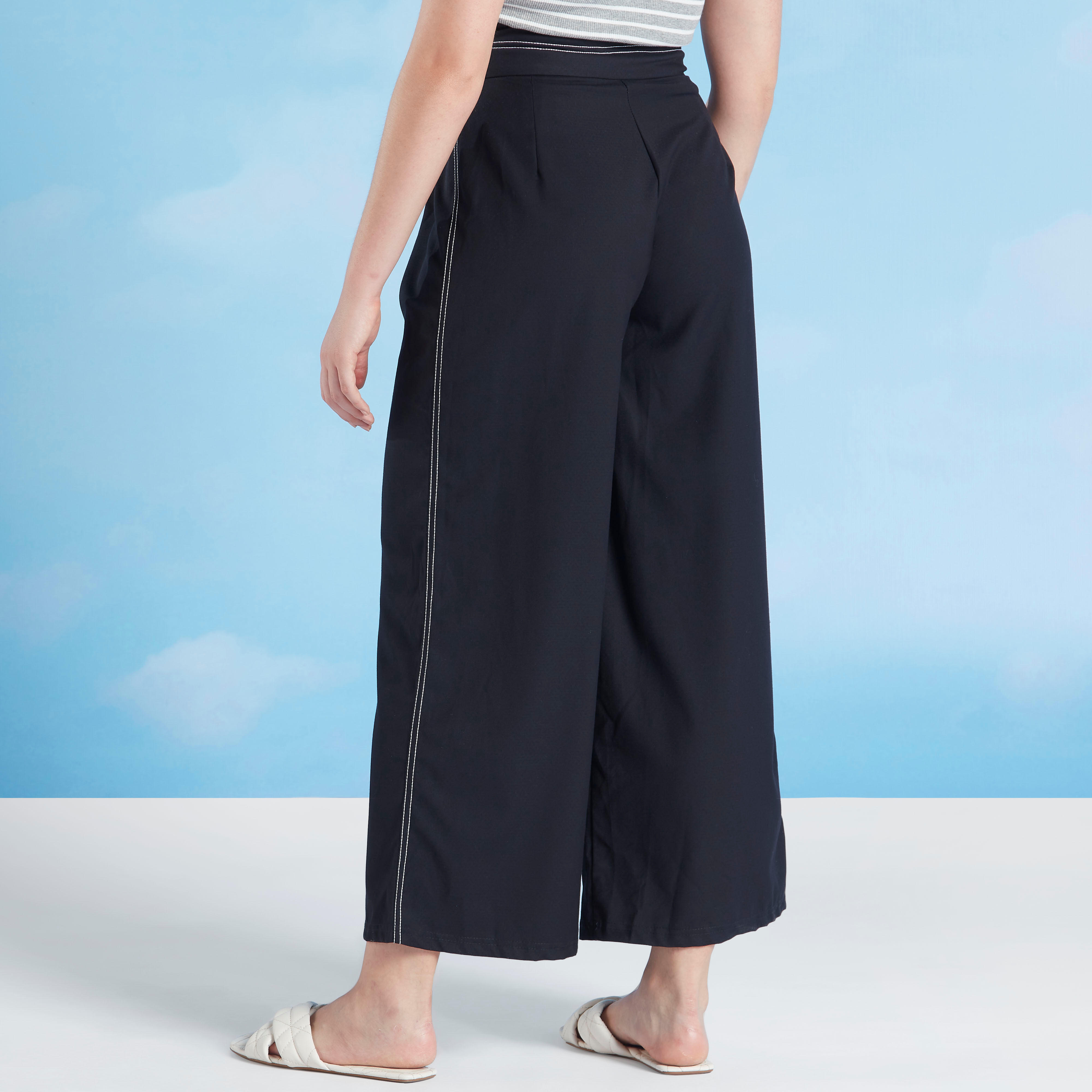 بنطلون بلازو سادة واسع بخصر مرتفع وتفاصيل مغرّزة-women-clothing-bottoms-trousers-image-4