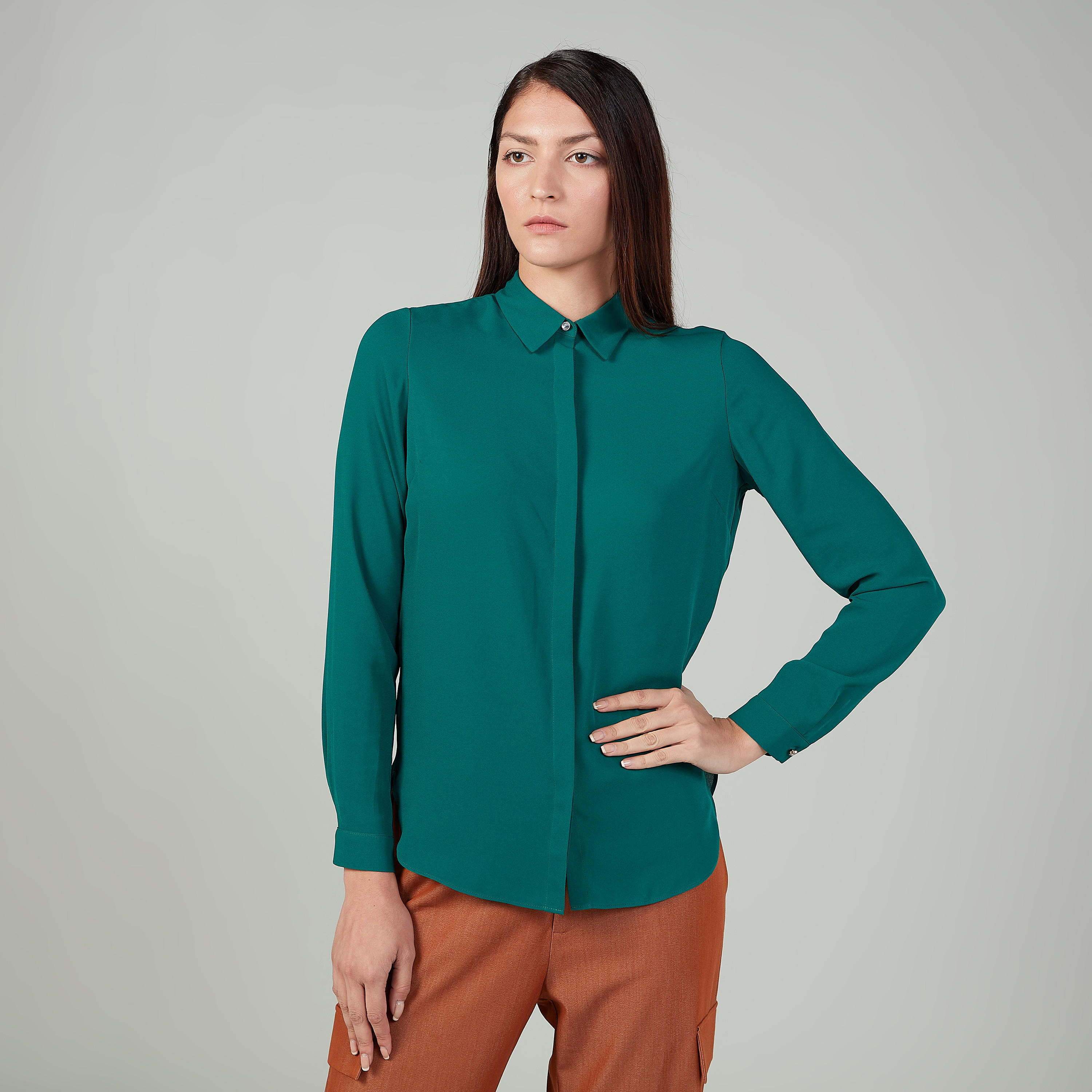 Iconic Plain Top with Long Sleeves and Spread Collar-women-clothing-shirtsandblouses-blouses-image-1