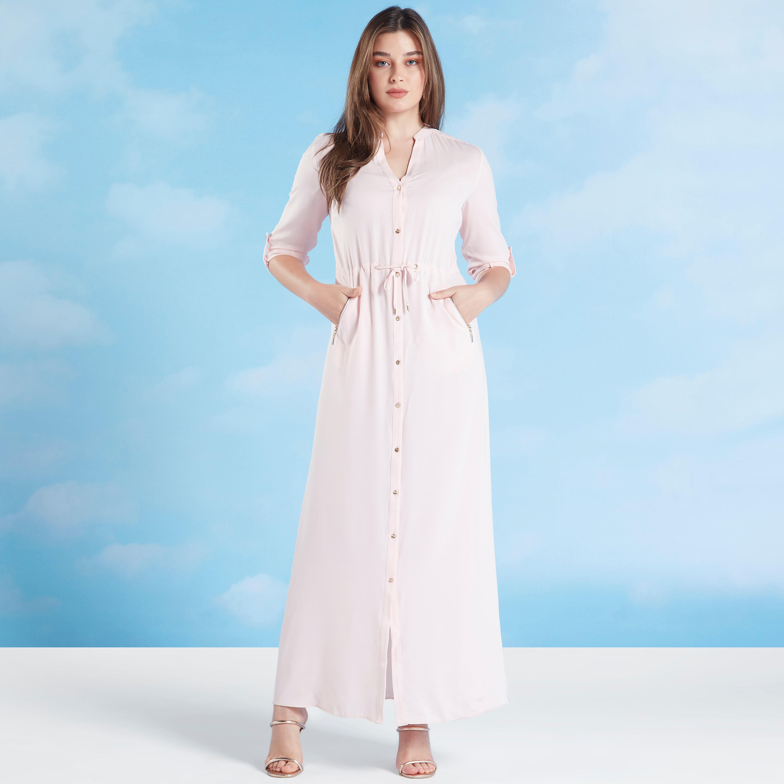 فستان سادة ميدي بياقة V وأكمام طويلة من آيكونيك-women-clothing-dresses-image-1