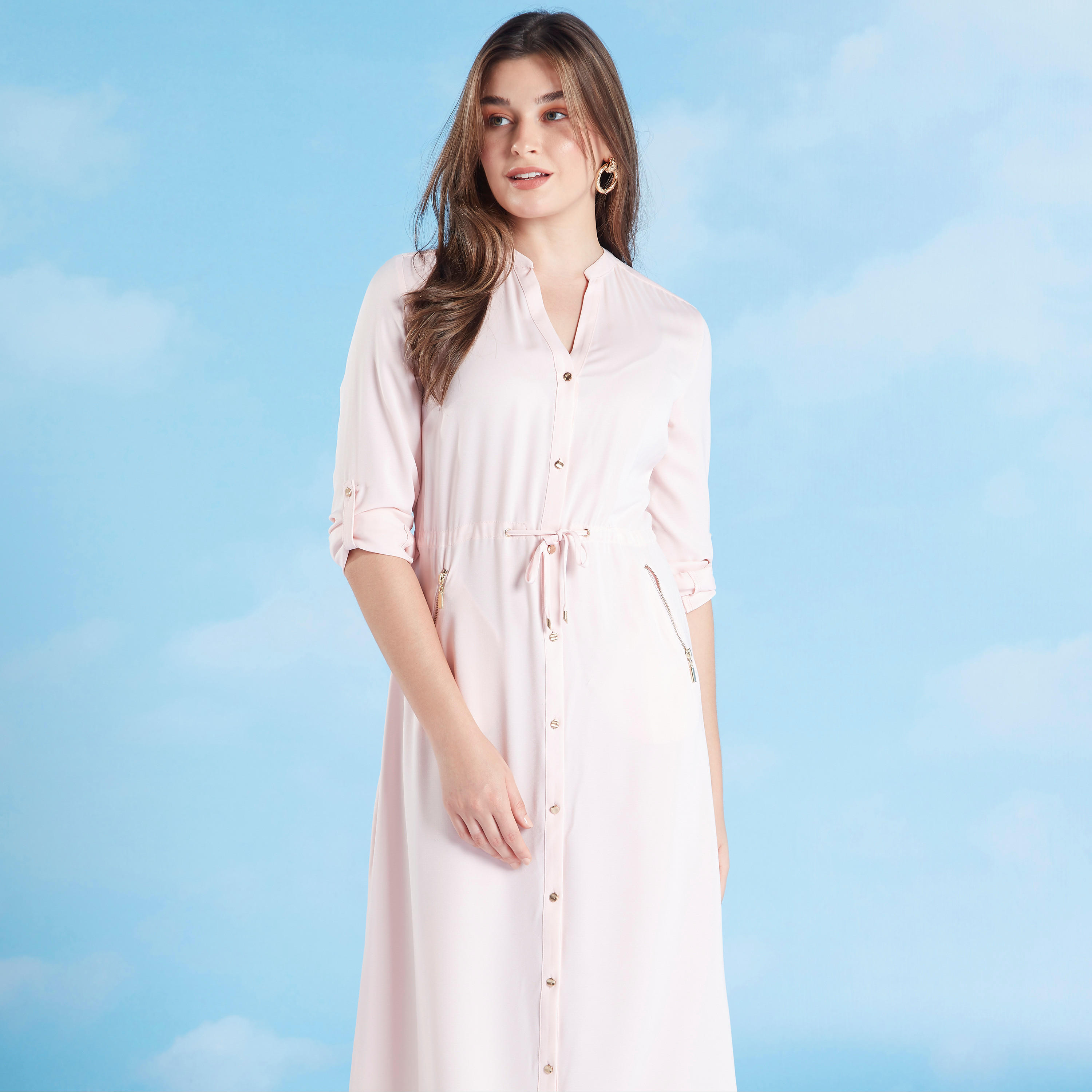 فستان سادة ميدي بياقة V وأكمام طويلة من آيكونيك-women-clothing-dresses-image-2