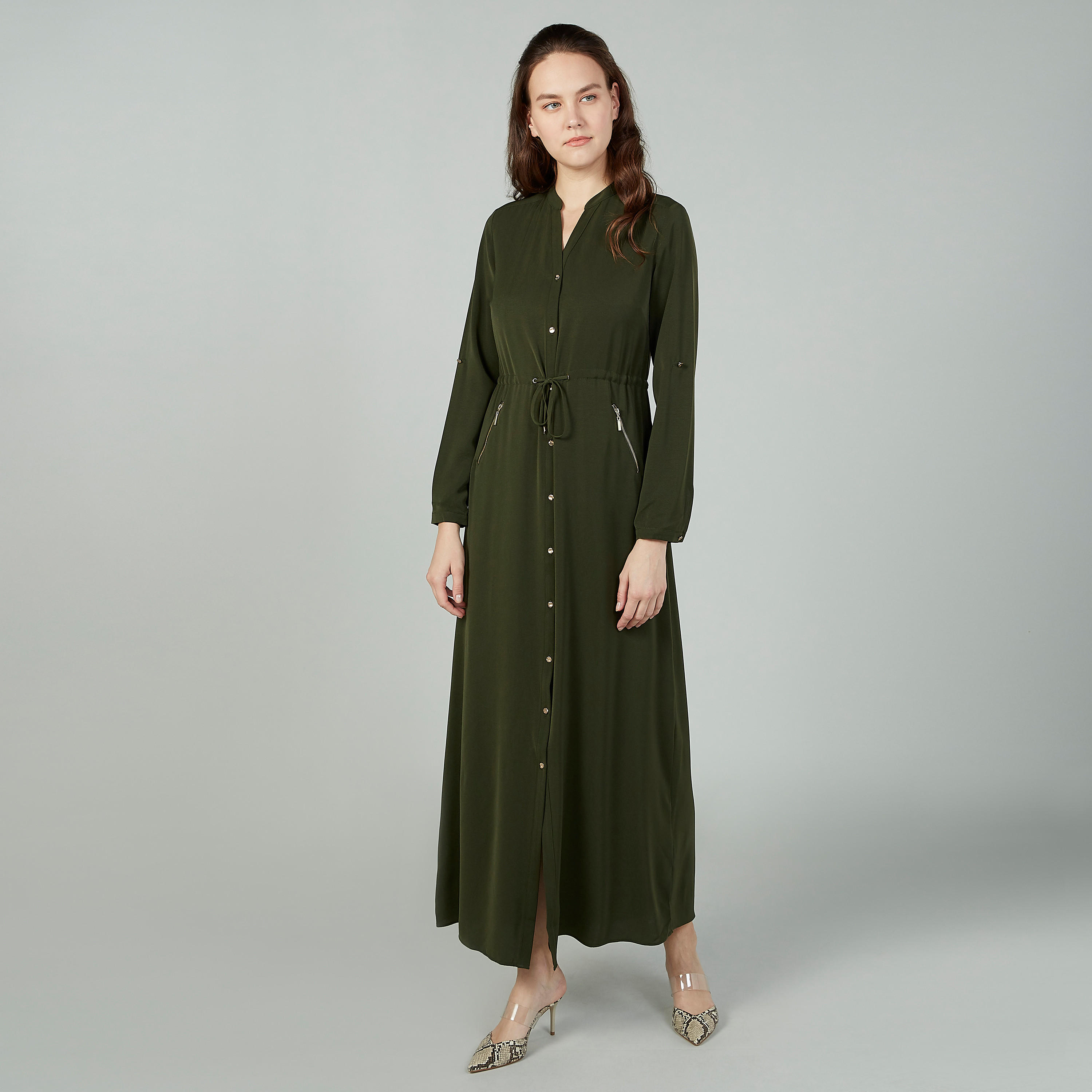 Iconic Solid V-neck Maxi Dress with Zip Detail-women-clothing-dresses-image-1