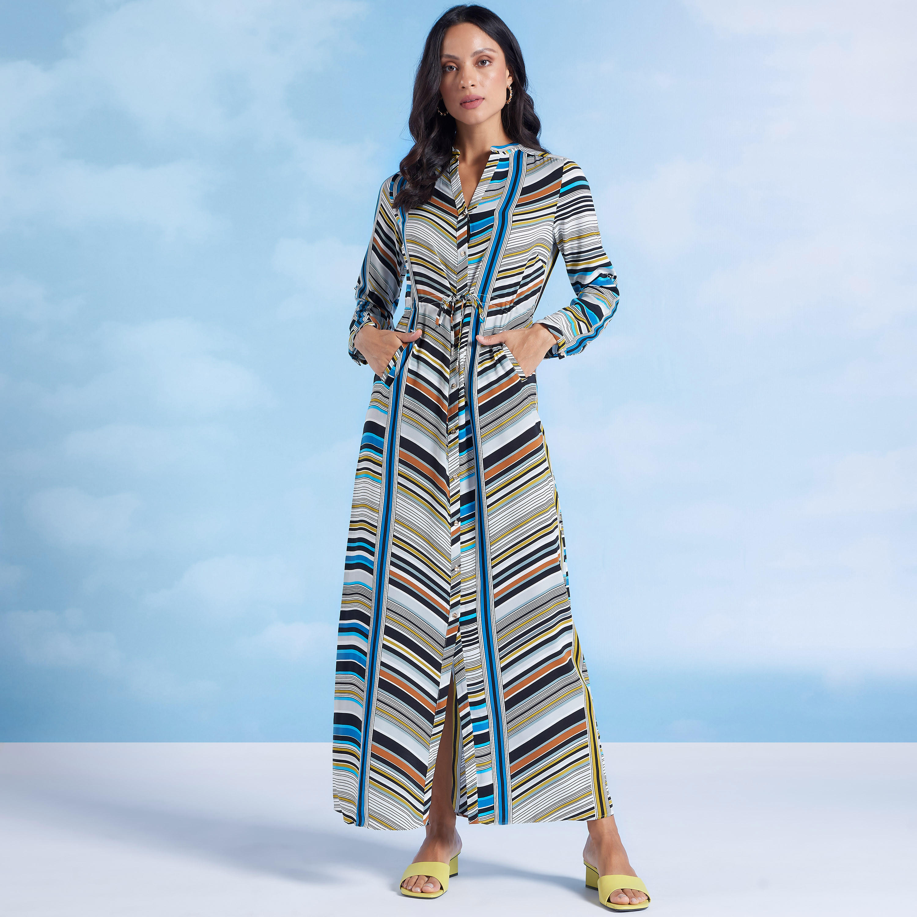 فستان طويل إيه لاين مخطط بأكمام طويلة وأربطة من آيكونيك-women-clothing-dresses-image-1
