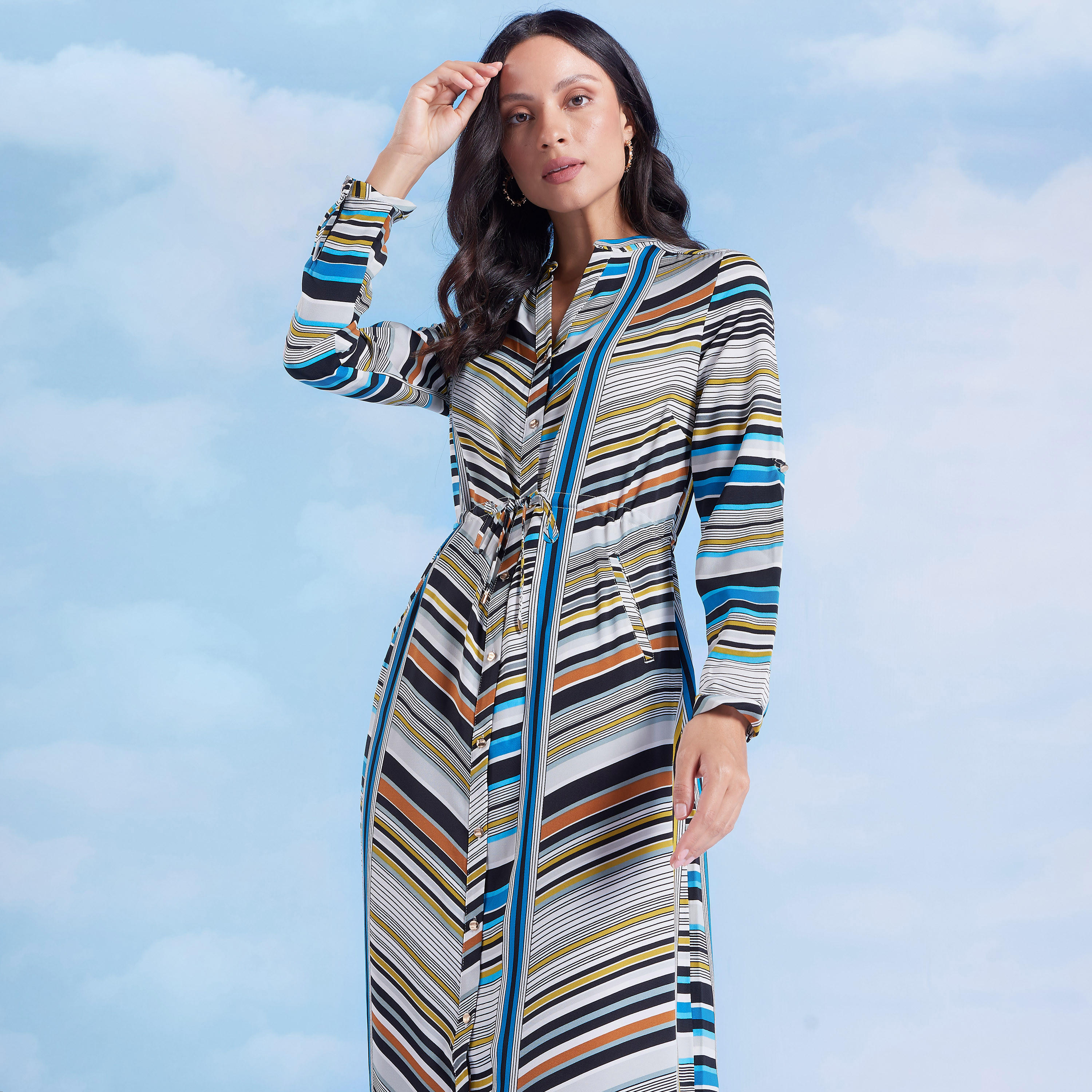 فستان طويل إيه لاين مخطط بأكمام طويلة وأربطة من آيكونيك-women-clothing-dresses-image-2