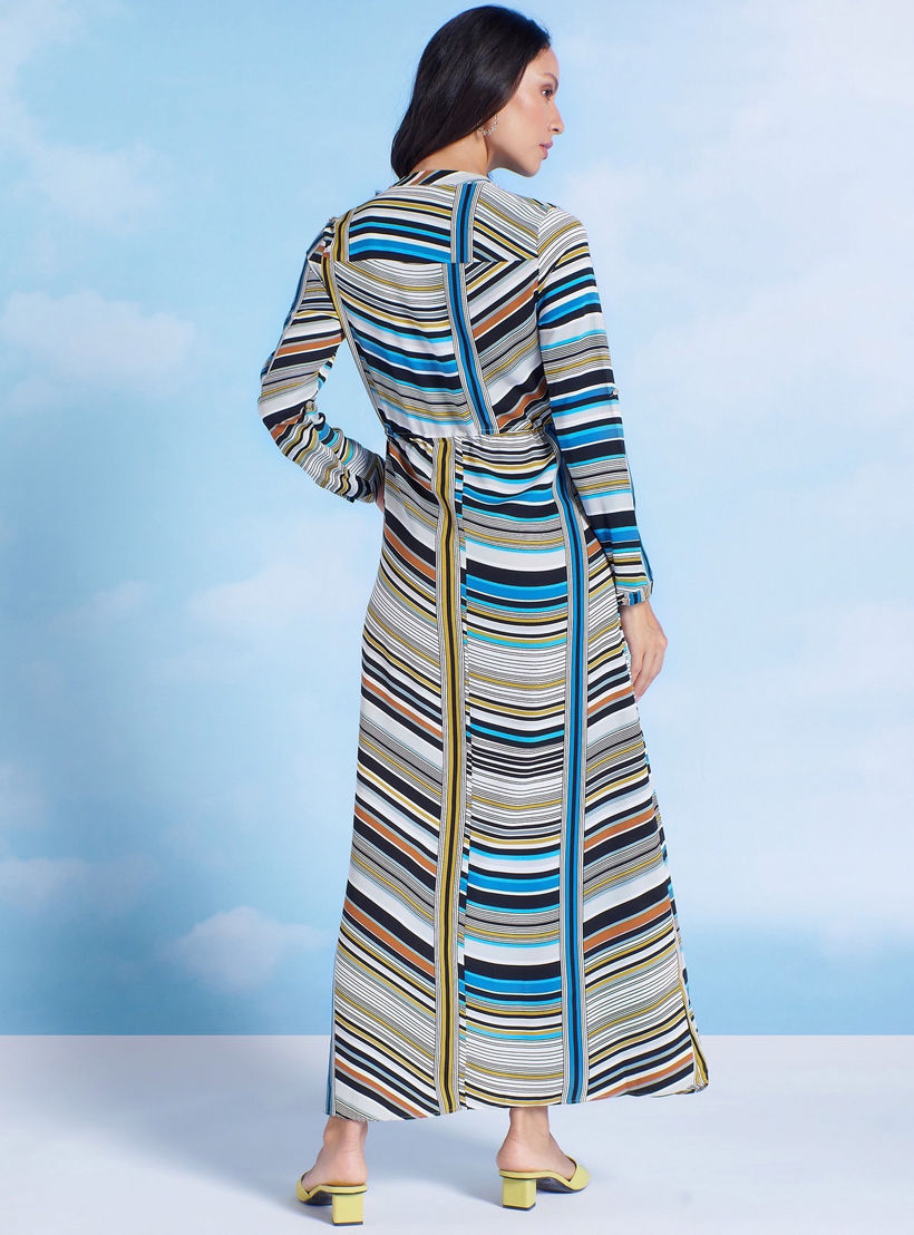 فستان طويل إيه لاين مخطط بأكمام طويلة وأربطة من آيكونيك-women-clothing-dresses-image-5