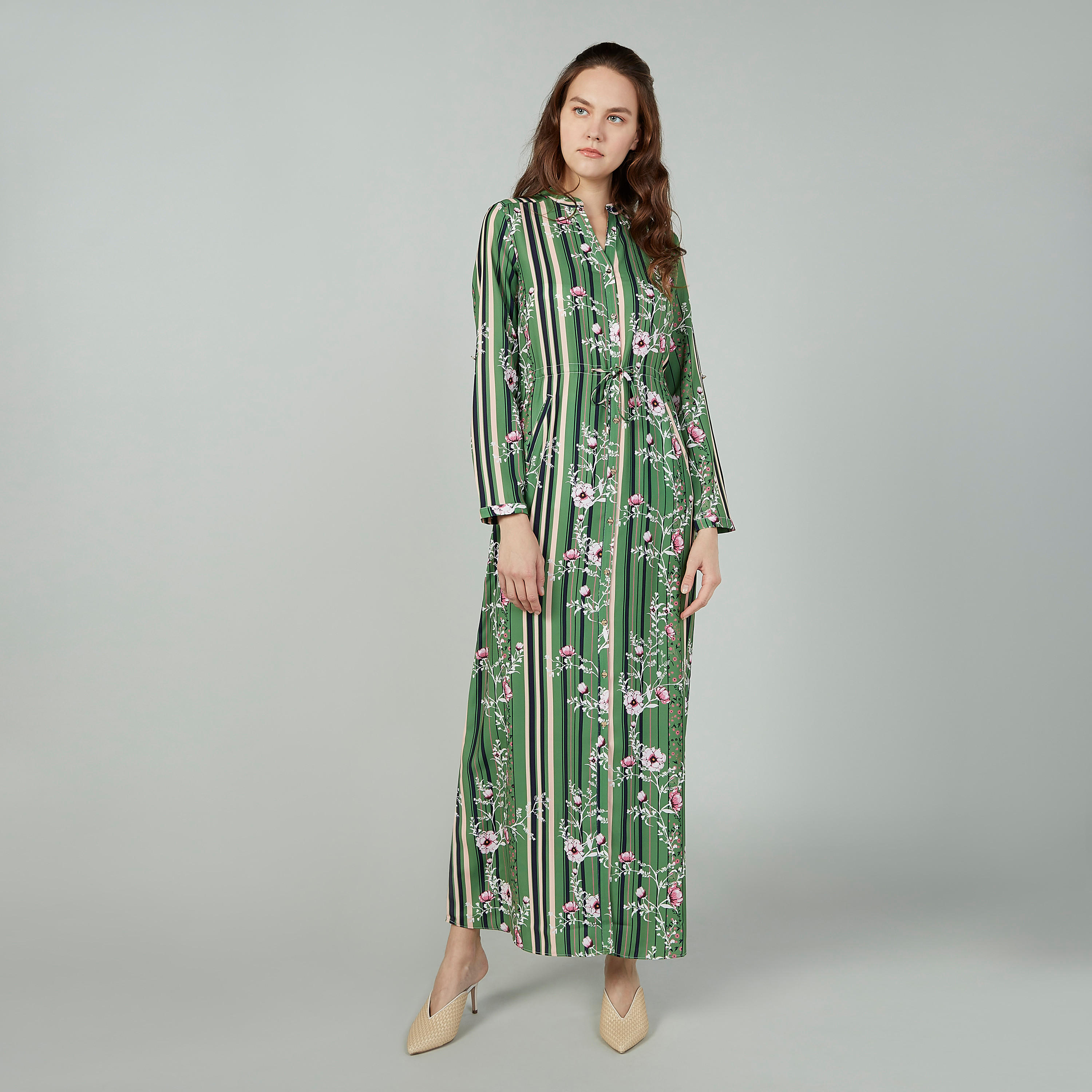 فستان طويل  مخطط بياقة V وأكمام طويلة بتفاصيل أزهارمن آيكونيك-women-clothing-dresses-image-1