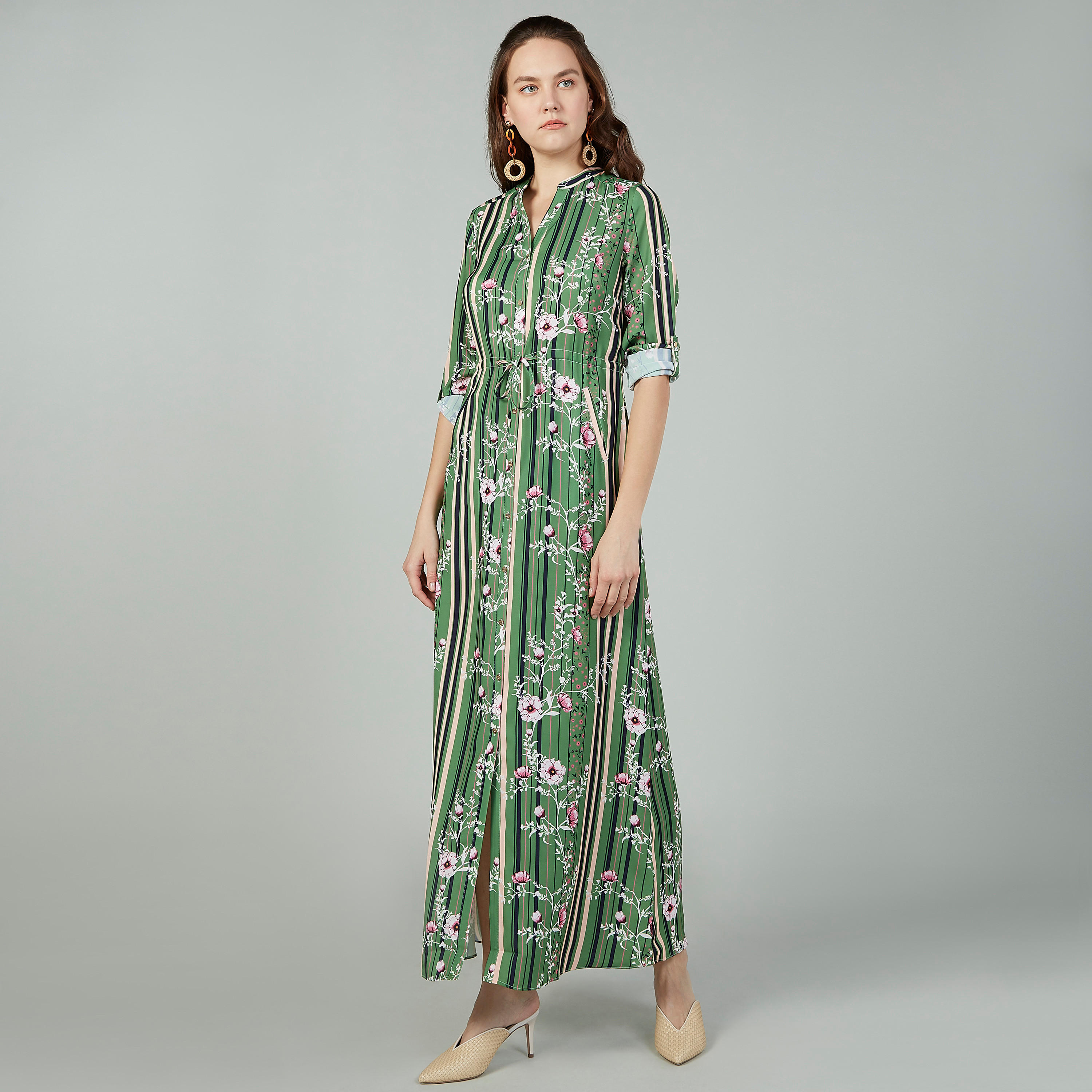 فستان طويل  مخطط بياقة V وأكمام طويلة بتفاصيل أزهارمن آيكونيك-women-clothing-dresses-image-2