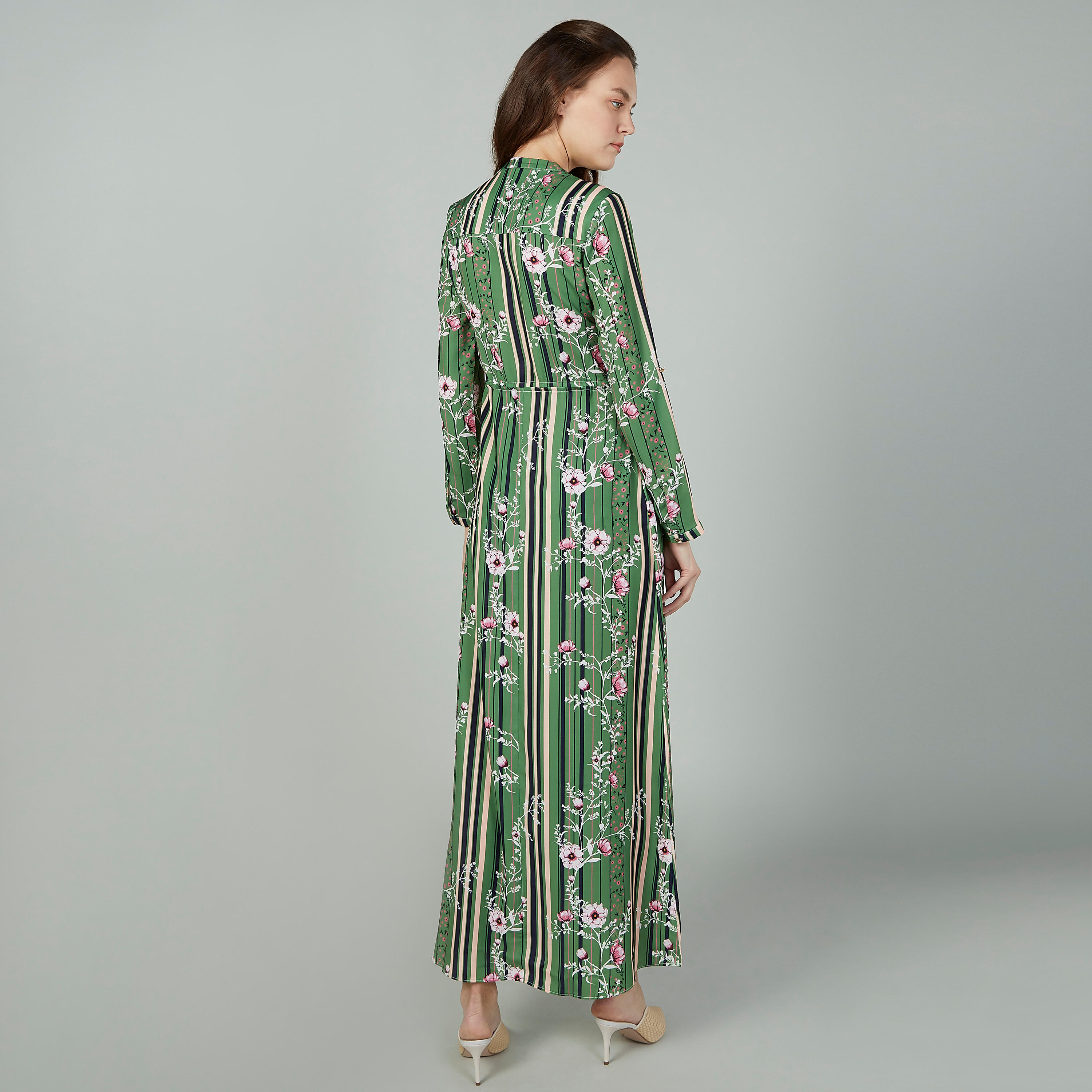 فستان طويل  مخطط بياقة V وأكمام طويلة بتفاصيل أزهارمن آيكونيك-women-clothing-dresses-image-4