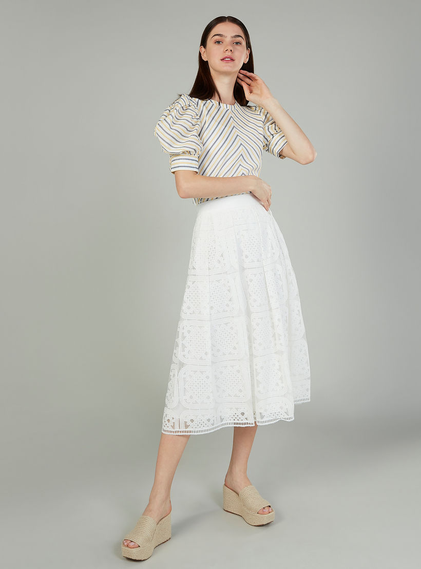 تنورة إيه لاين متوسطة الطول بخصر مطّاطي وتفاصيل دانتيل من بوسيني-women-clothing-bottoms-skirts-image-2