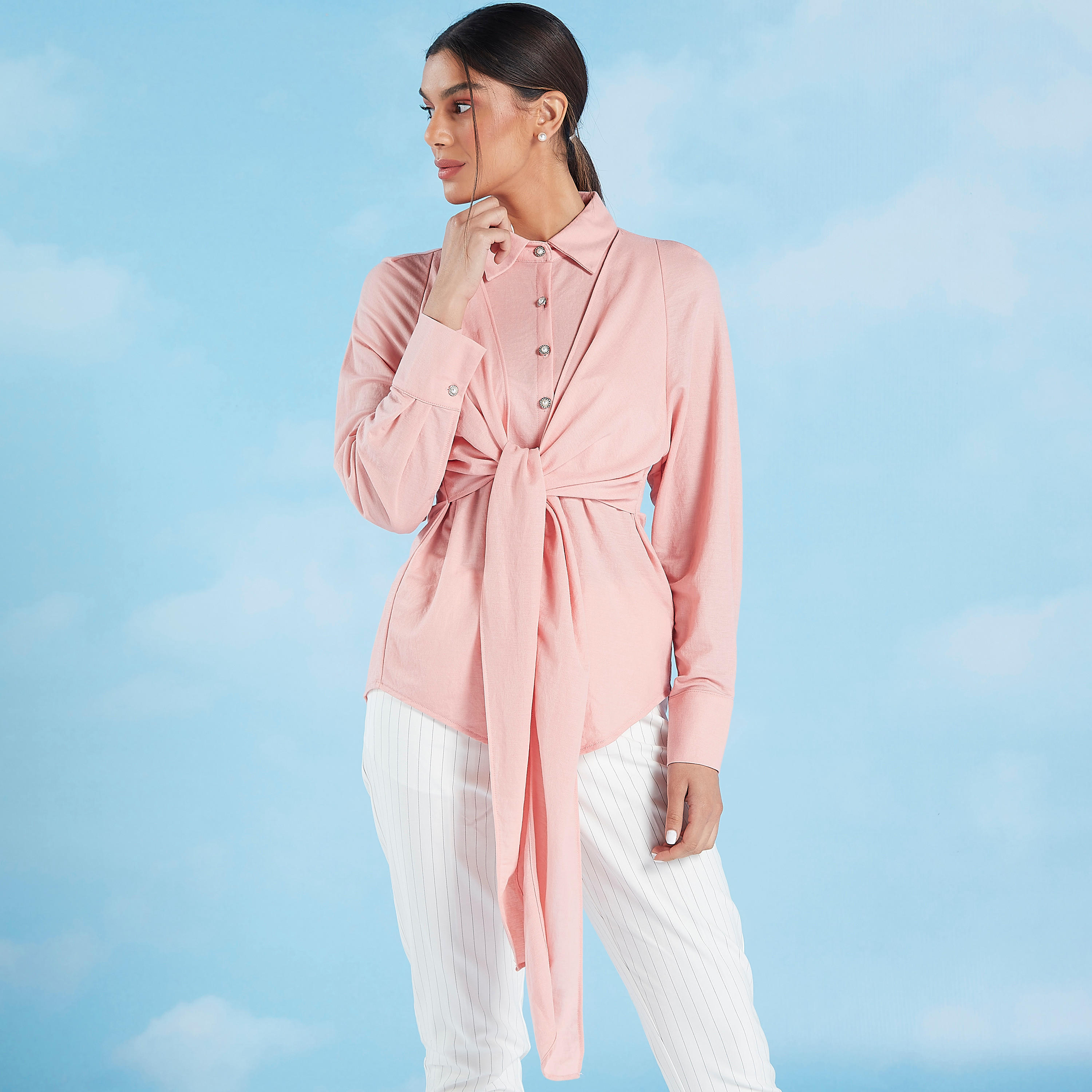 بلوزة سادة بأكمام طويلة وأربطة من آيكونيك-women-clothing-tshirts-image-4