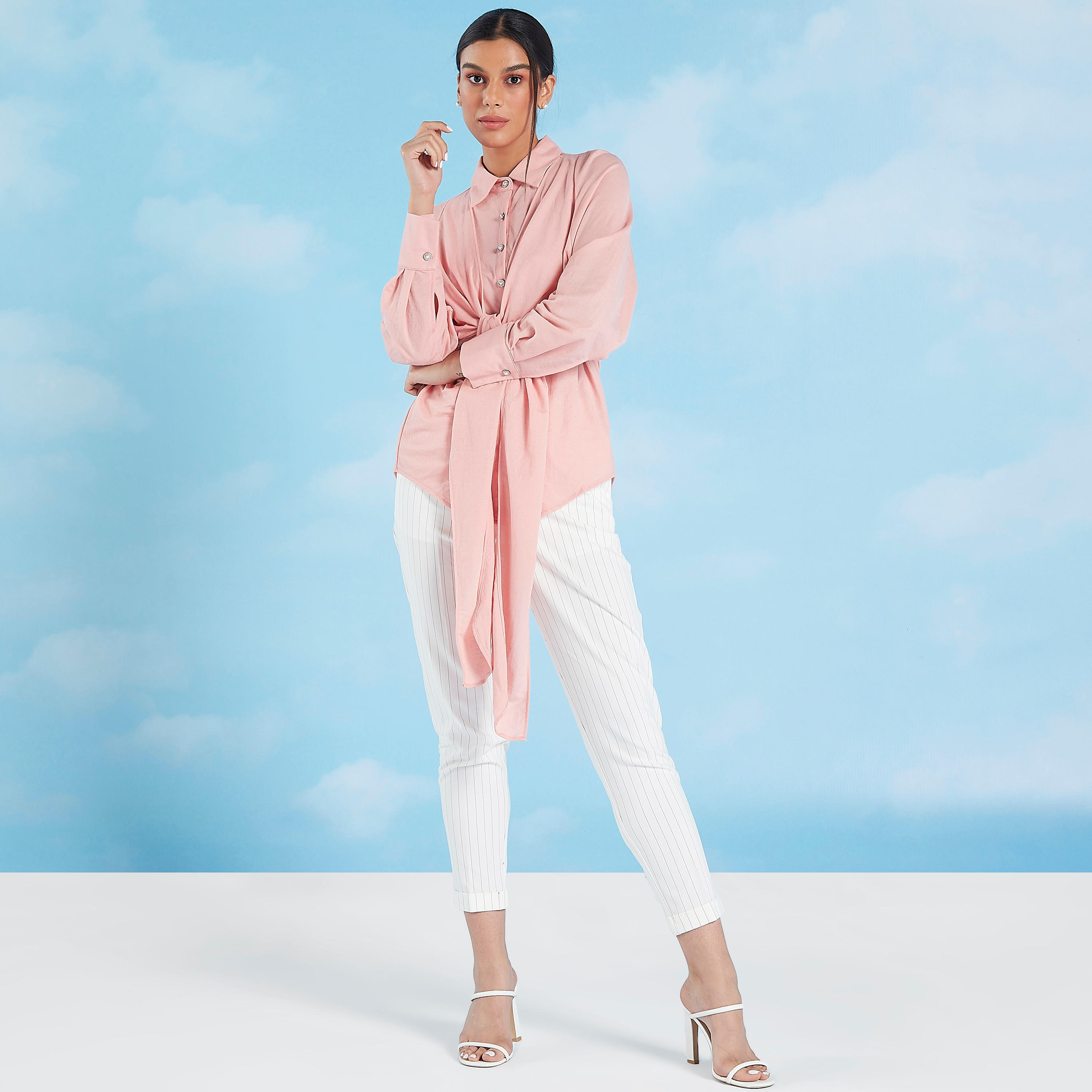 بلوزة سادة بأكمام طويلة وأربطة من آيكونيك-women-clothing-tshirts-image-3