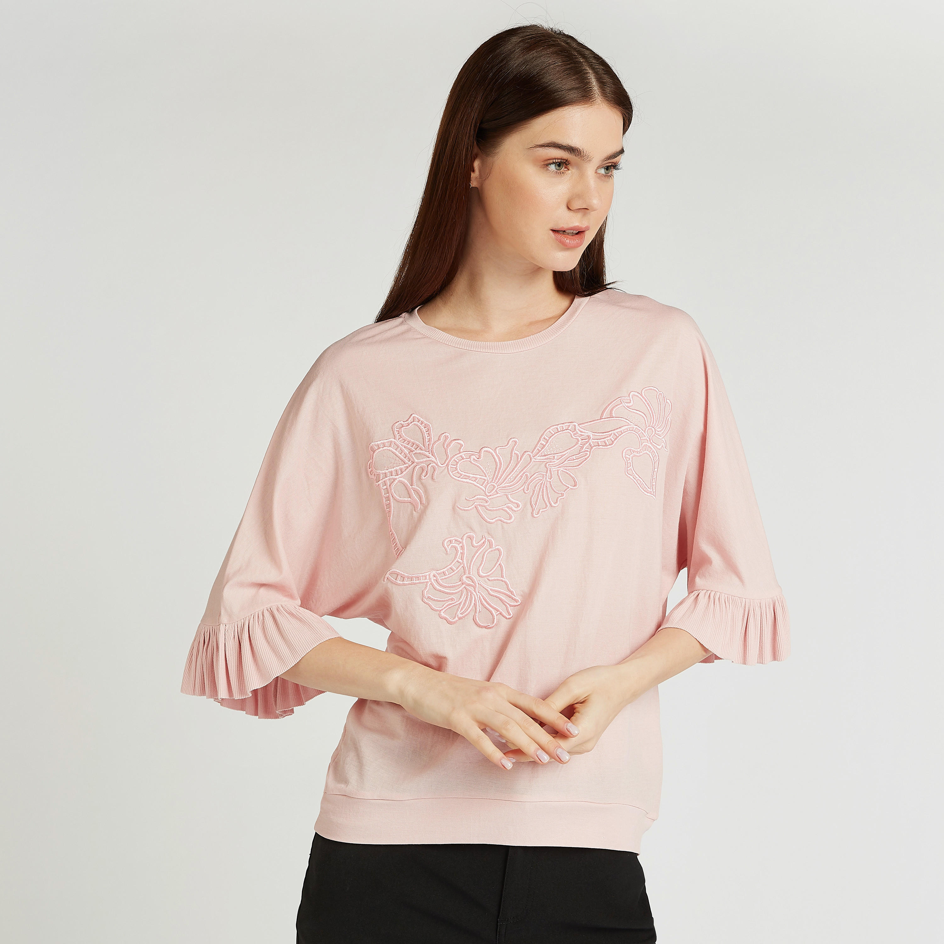Iconic Embroidered Top with Round Neck and 3/4 Sleeves-women-clothing-shirtsandblouses-blouses-image-1