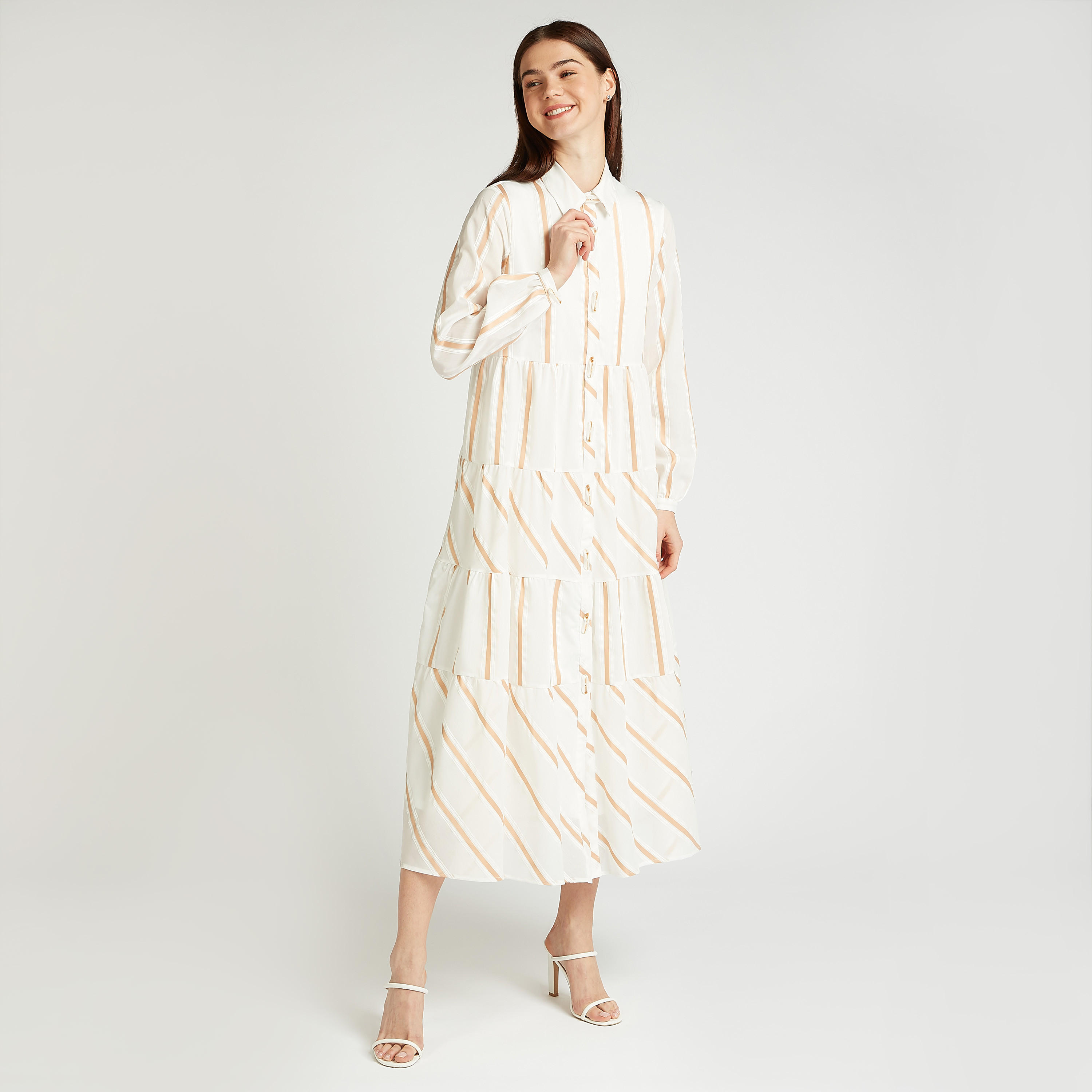 Iconic Striped Midi Shirt Dress with Spread Collar-women-clothing-dresses-image-1