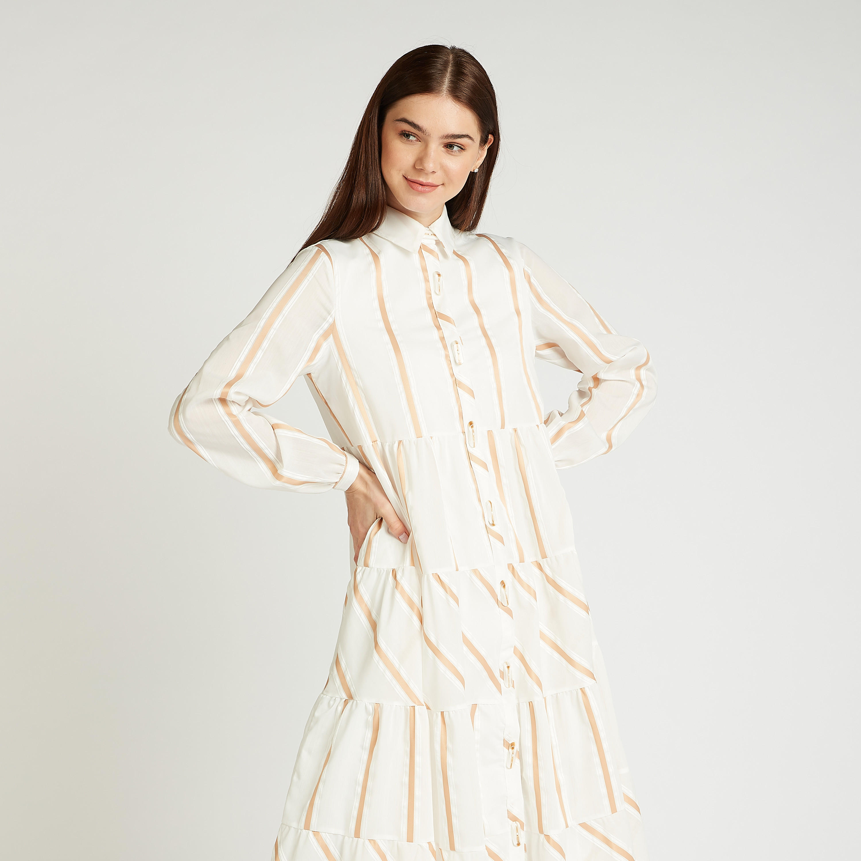Iconic Striped Midi Shirt Dress with Spread Collar-women-clothing-dresses-image-2