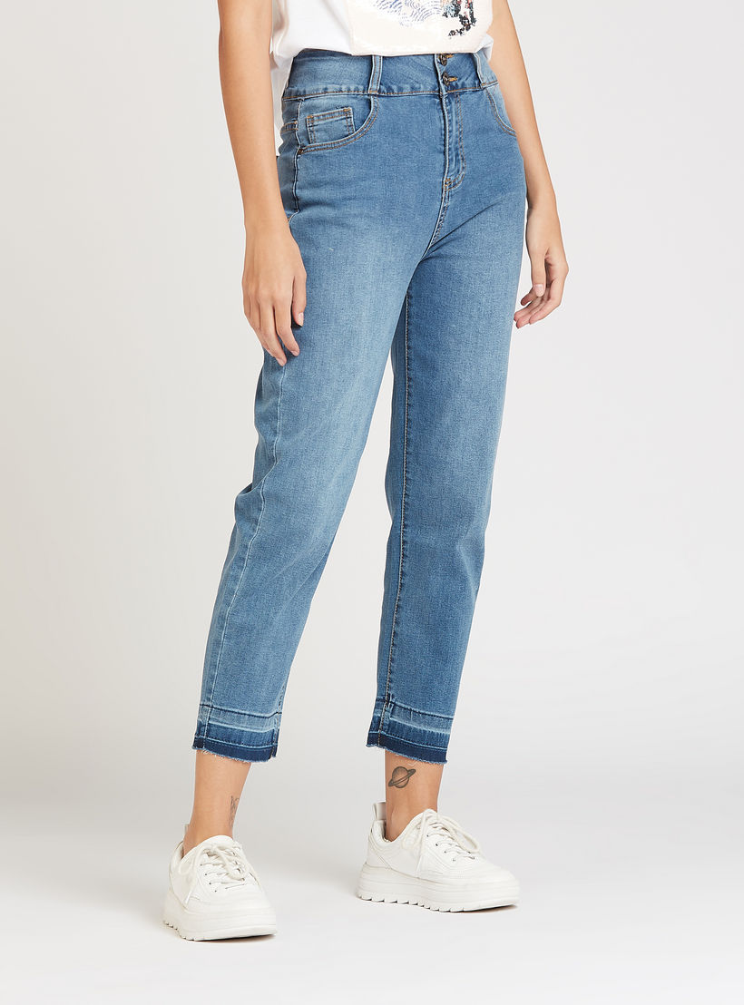 بنطلون جينز قصير واسع مع تفاصيل جيوب وخصر مرتفع من آيكونيك-women-clothing-bottoms-jeans-image-1
