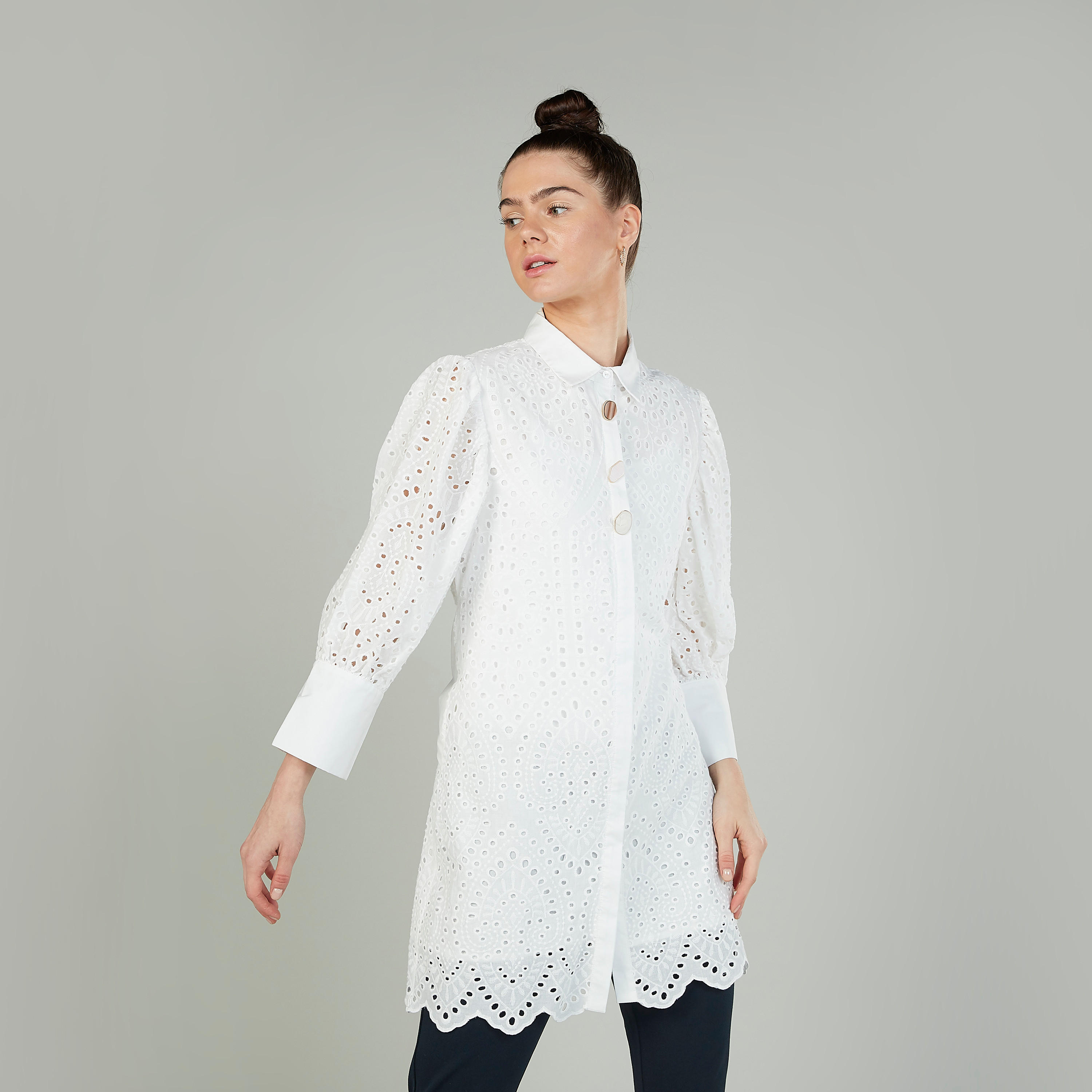 Iconic Schiffli Detail Tunic with Spread Collar and Long Sleeves-women-clothing-shirtsandblouses-blouses-image-1
