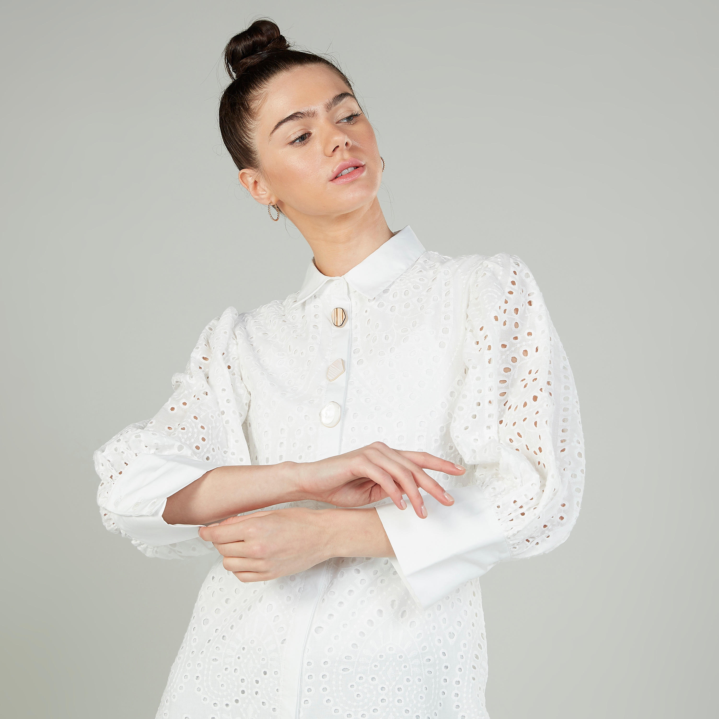 Iconic Schiffli Detail Tunic with Spread Collar and Long Sleeves-women-clothing-shirtsandblouses-blouses-image-3