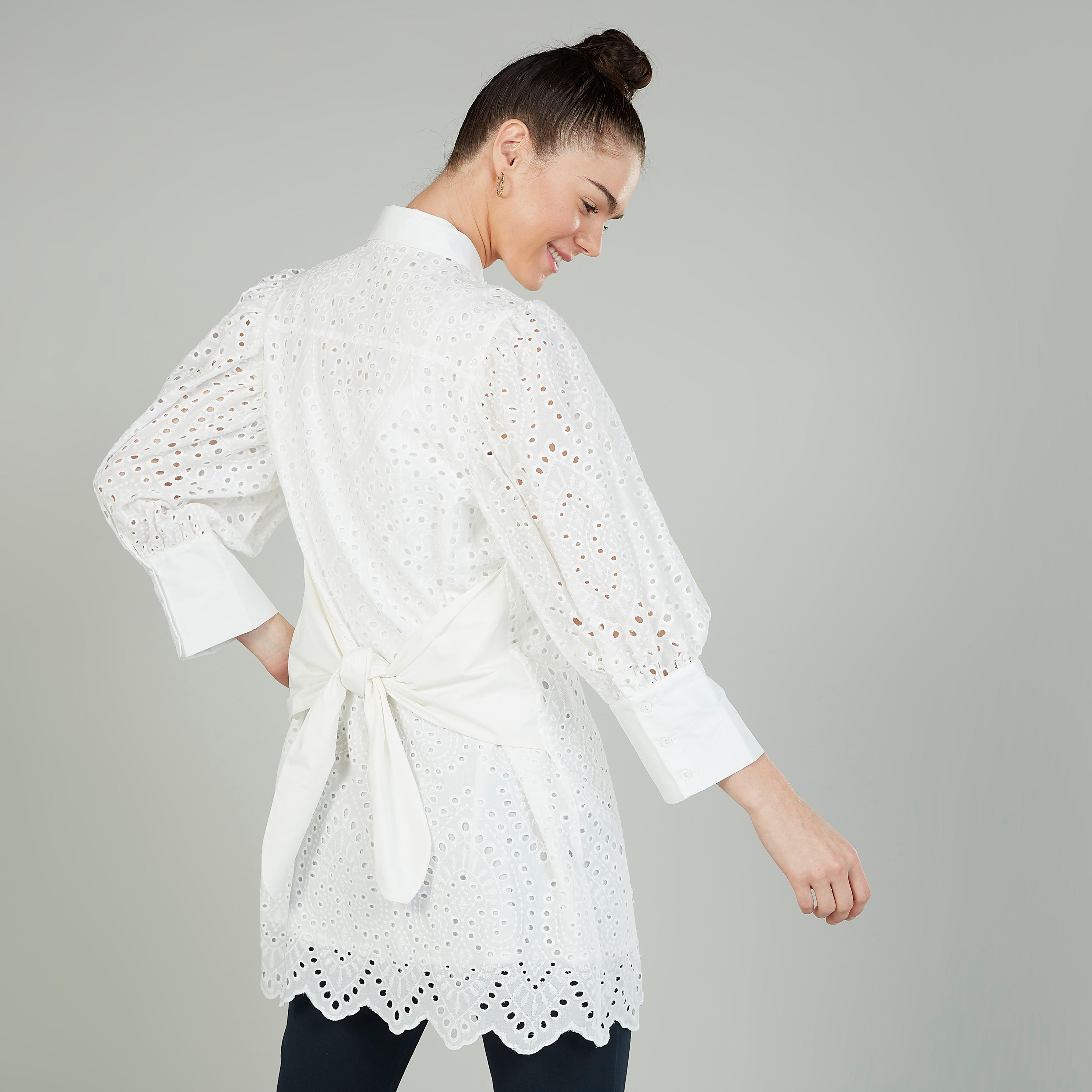 Iconic Schiffli Detail Tunic with Spread Collar and Long Sleeves-women-clothing-shirtsandblouses-blouses-image-4