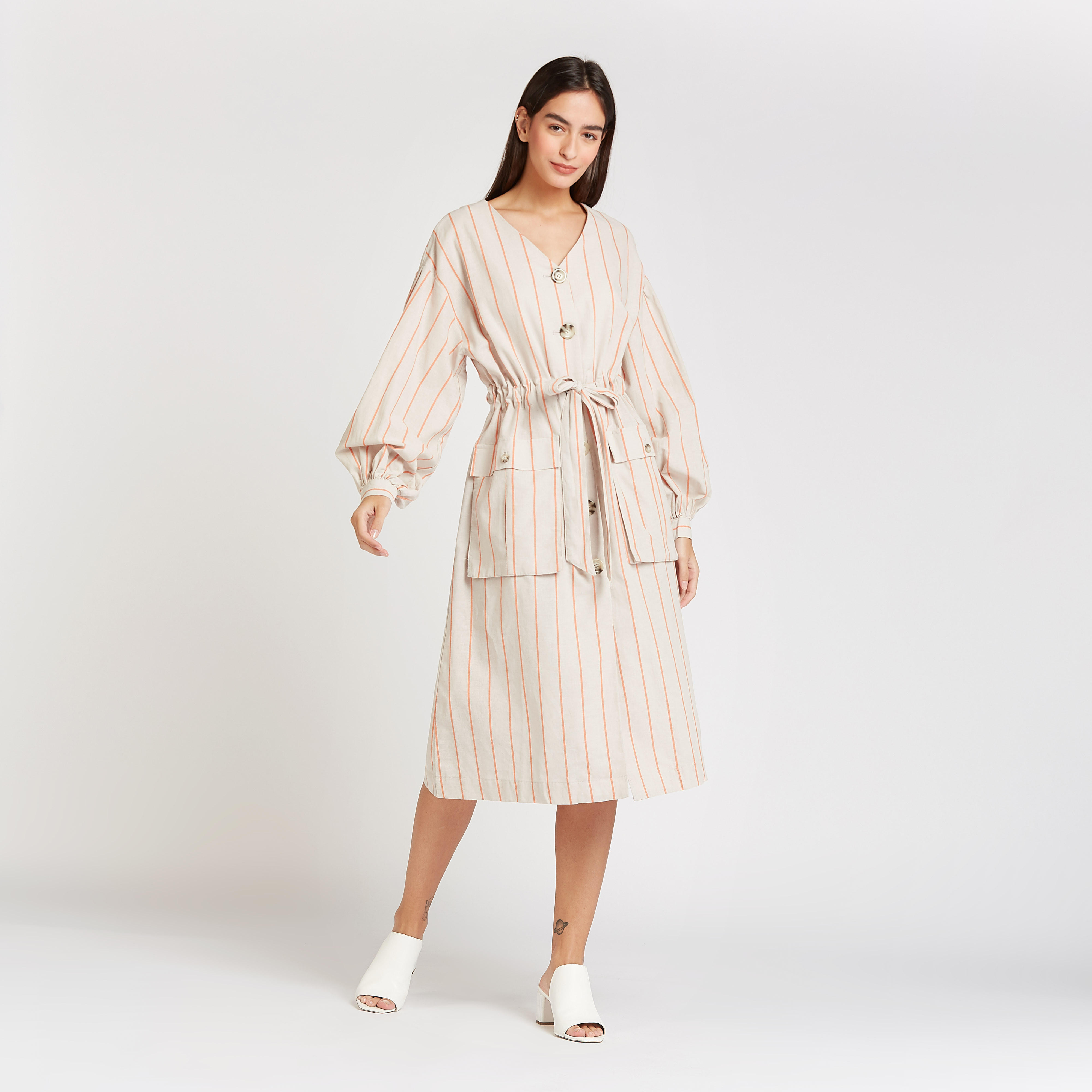 فستان إيه لاين طويل مخطط بأكمام طويلة وأربطة من آيكونيك-women-clothing-dresses-image-1