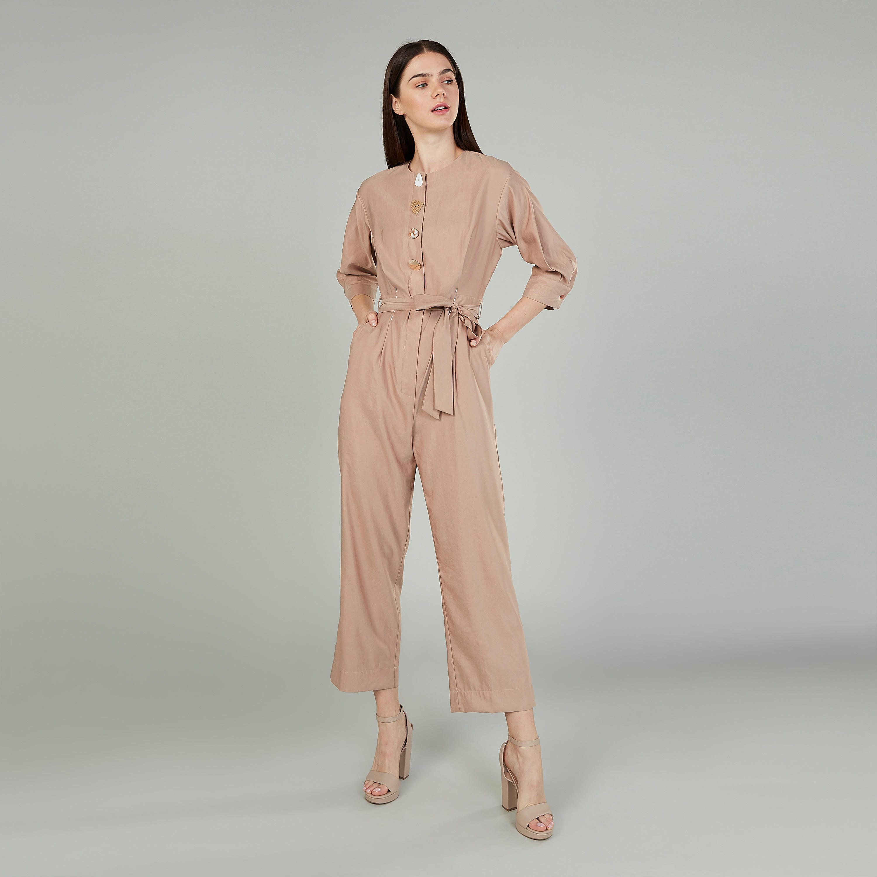 Iconic Plain Jumpsuit with 3/4 Sleeves and Belt-women-clothing-jumpsuits-image-1