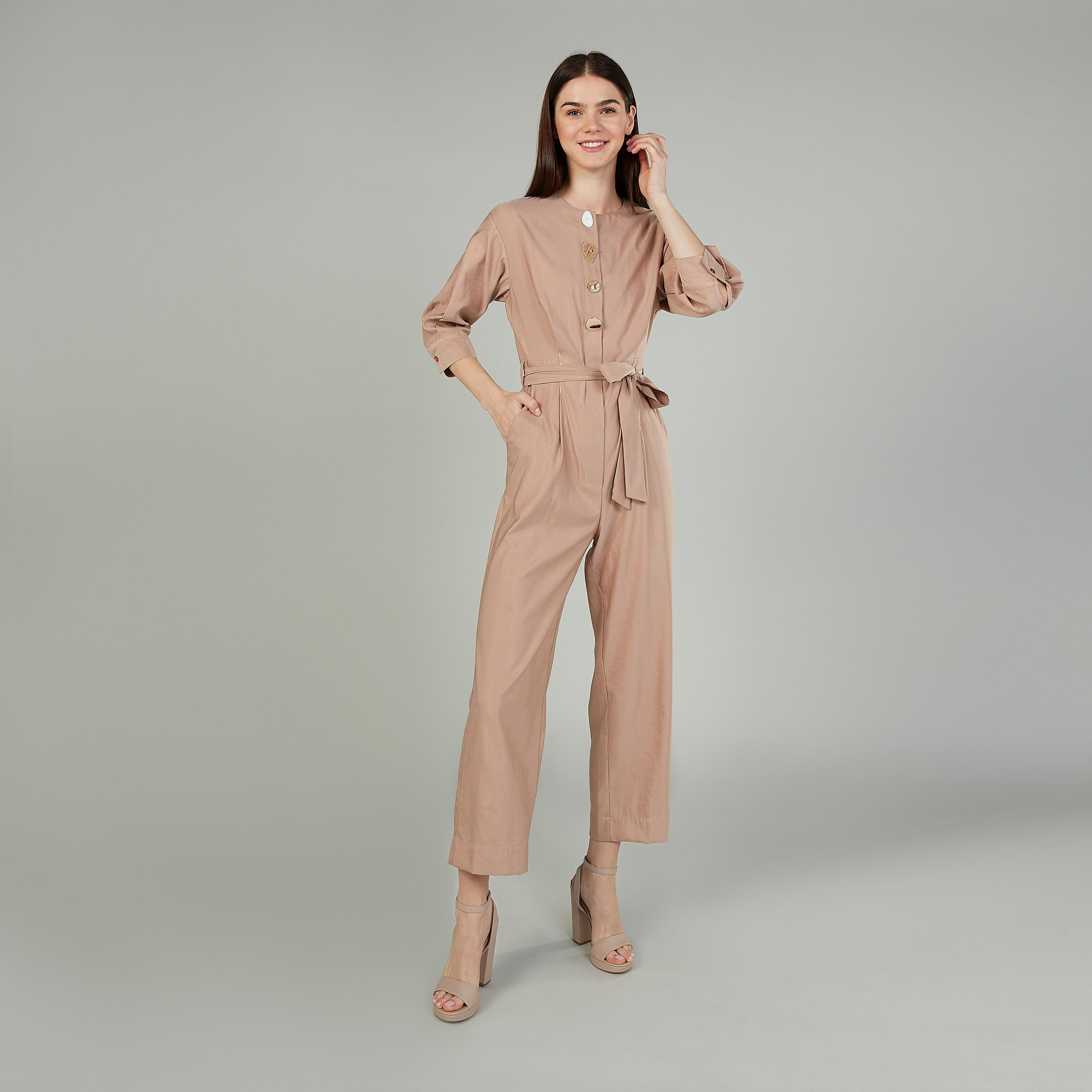 Iconic Plain Jumpsuit with 3/4 Sleeves and Belt-women-clothing-jumpsuits-image-2