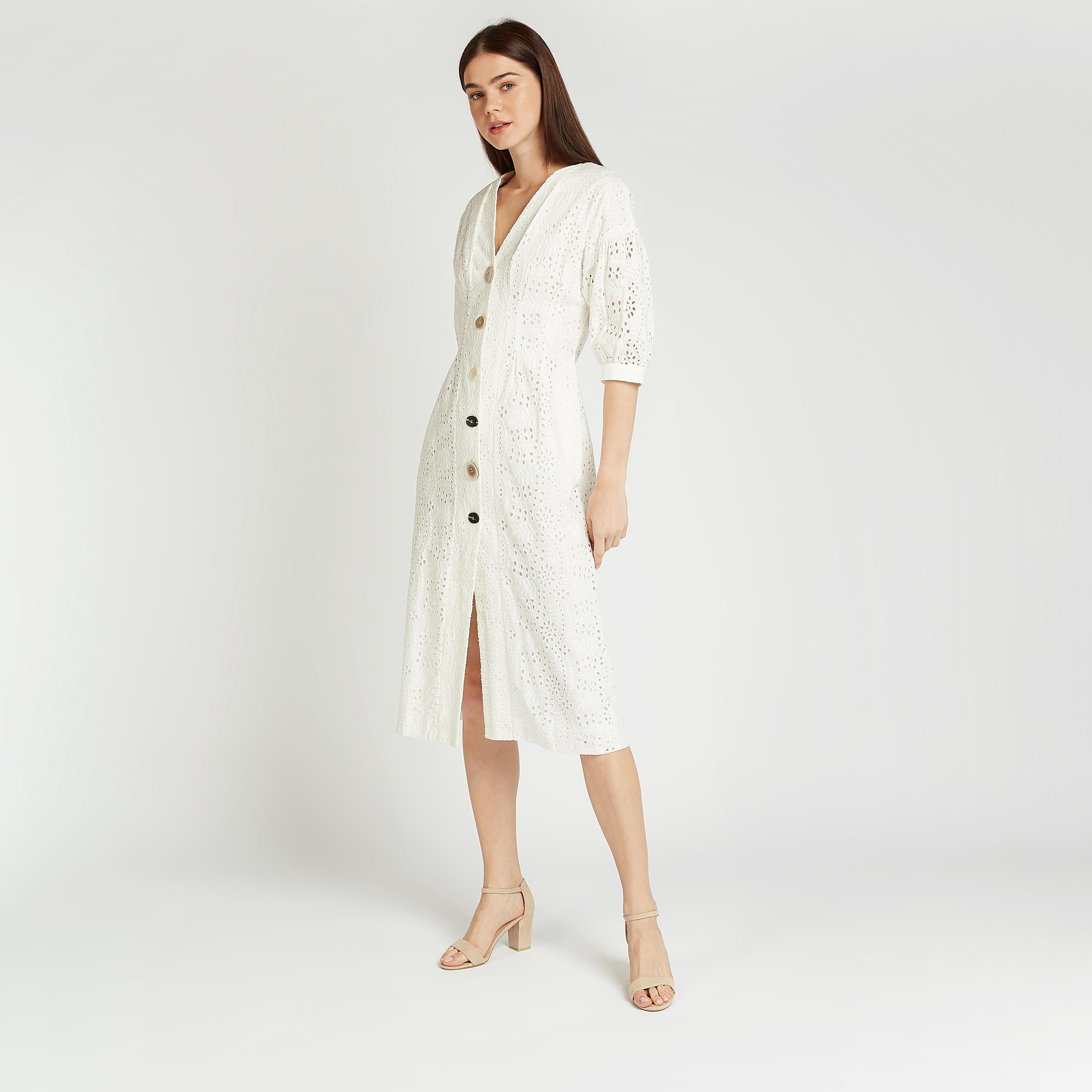 فستان واسع ميدي بتفاصيل شيفلي بياقة v وأكمام 3/4 من آيكونيك-women-clothing-dresses-image-2