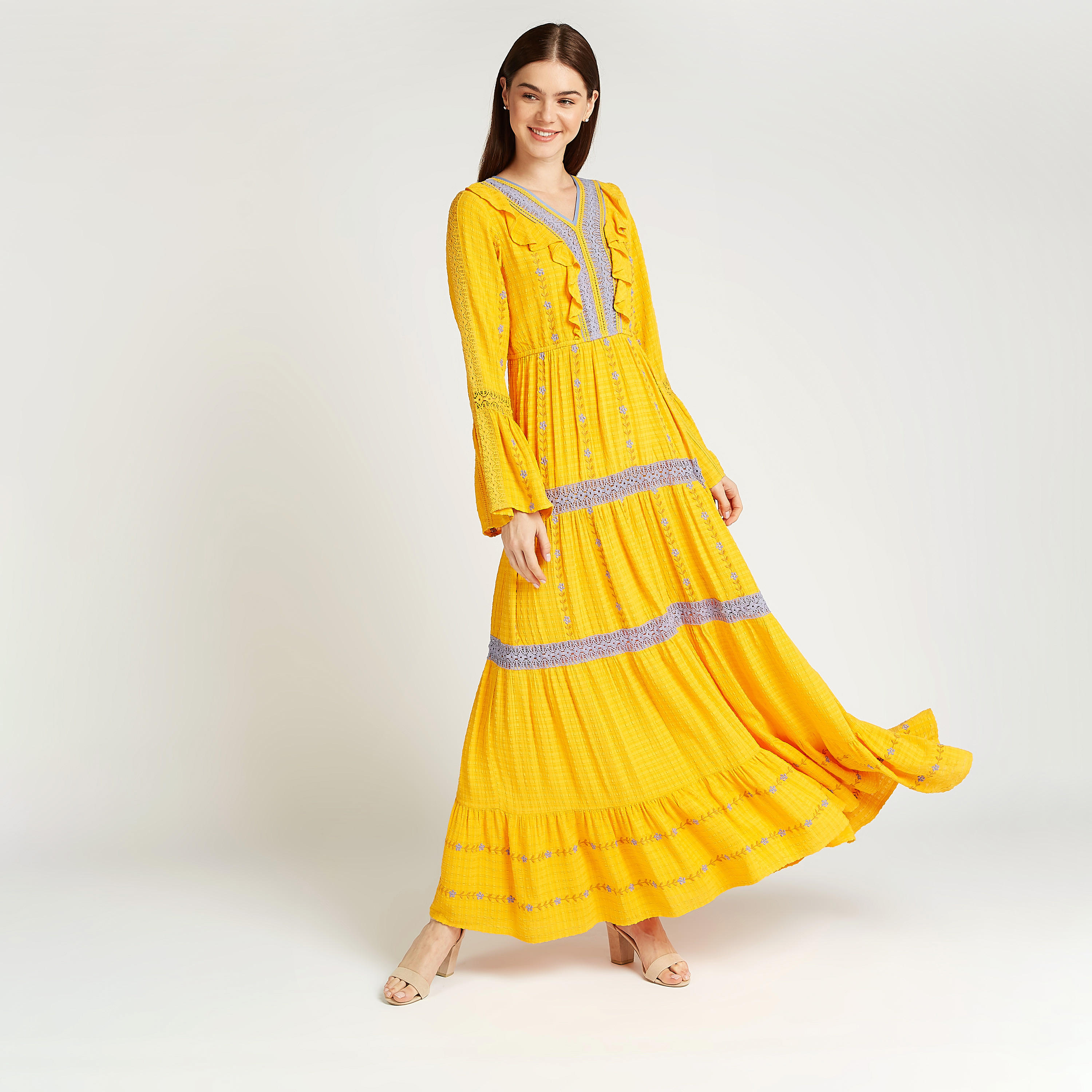 Iconic Embroidered Maxi A-line Dress with V-neck and Long Sleeves-women-clothing-dresses-image-1