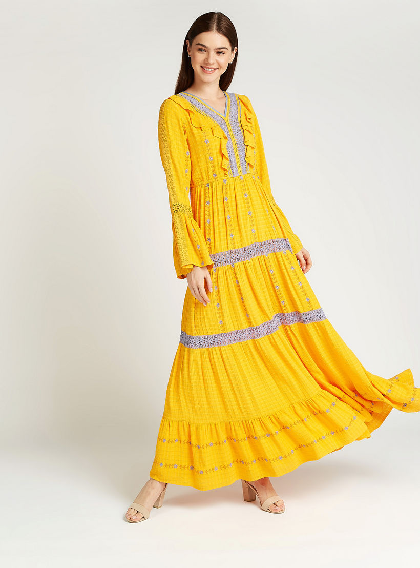 Iconic Embroidered Maxi A-line Dress with V-neck and Long Sleeves-women-clothing-dresses-image-1