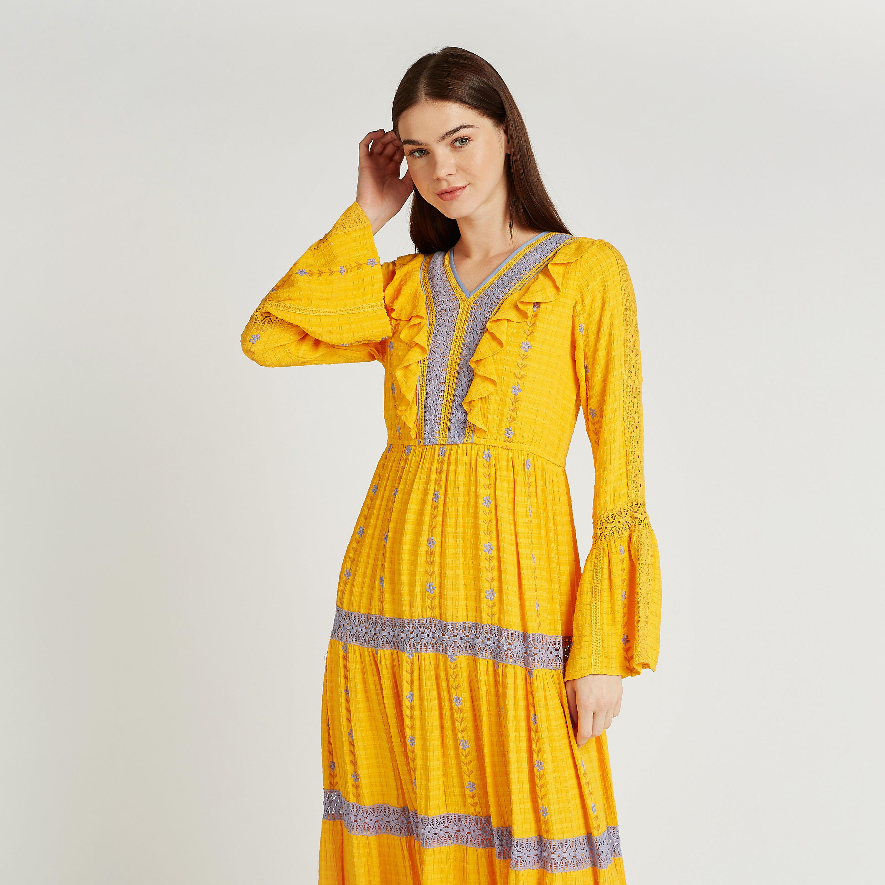 Iconic Embroidered Maxi A-line Dress with V-neck and Long Sleeves-women-clothing-dresses-image-2