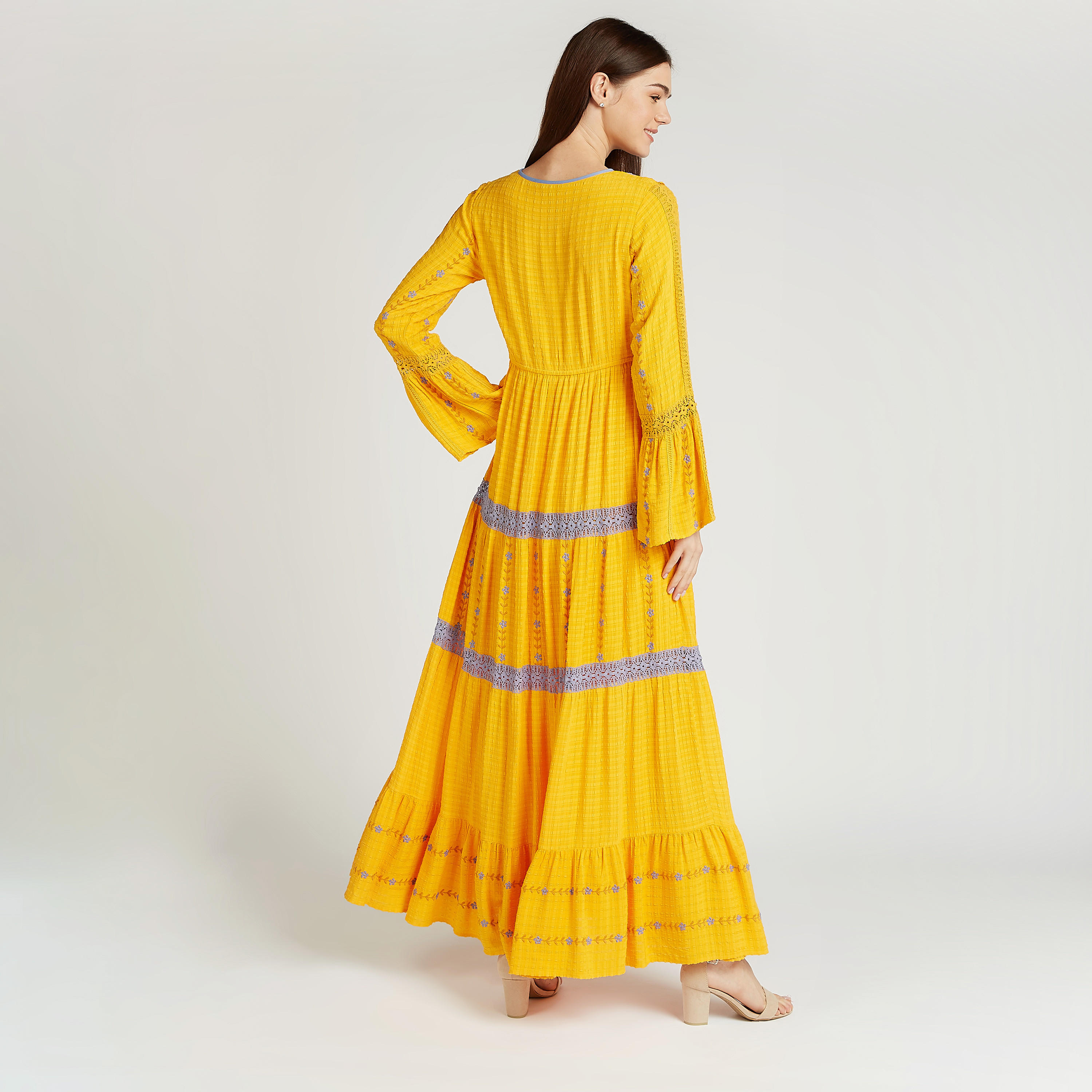 Iconic Embroidered Maxi A-line Dress with V-neck and Long Sleeves-women-clothing-dresses-image-3