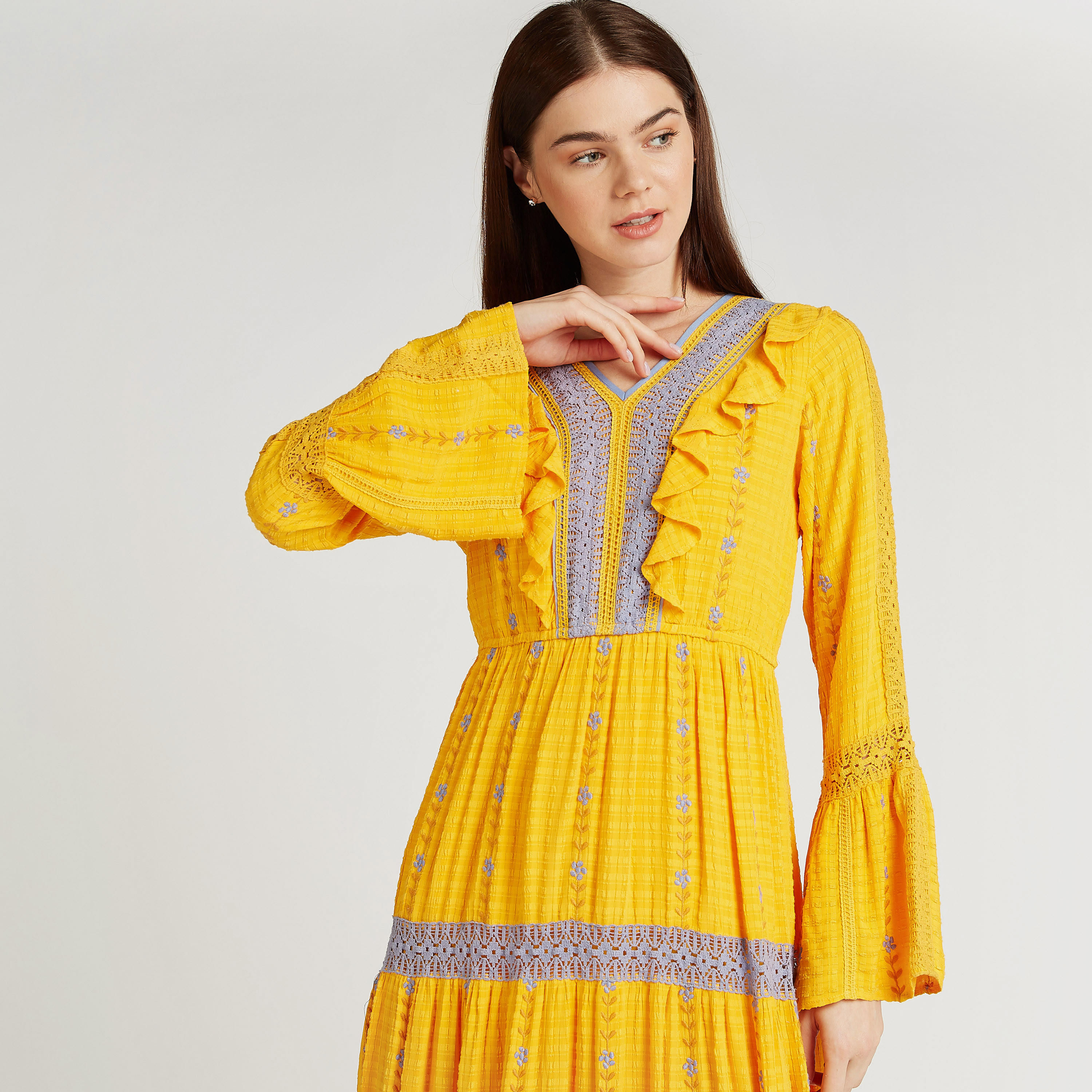 Iconic Embroidered Maxi A-line Dress with V-neck and Long Sleeves-women-clothing-dresses-image-4