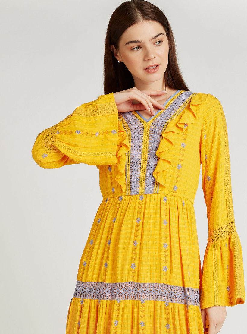 Iconic Embroidered Maxi A-line Dress with V-neck and Long Sleeves-women-clothing-dresses-image-4