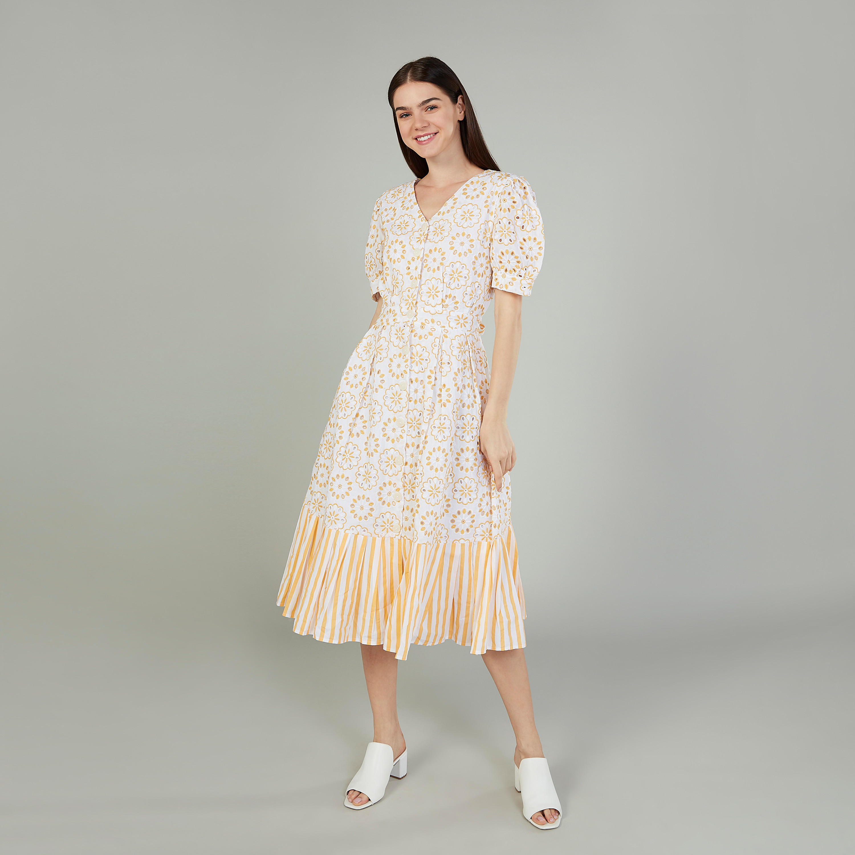 فستان متوسط الطول إيه لاين بأكمام قصيرة وأربطة من أيكونيك-women-clothing-dresses-image-1