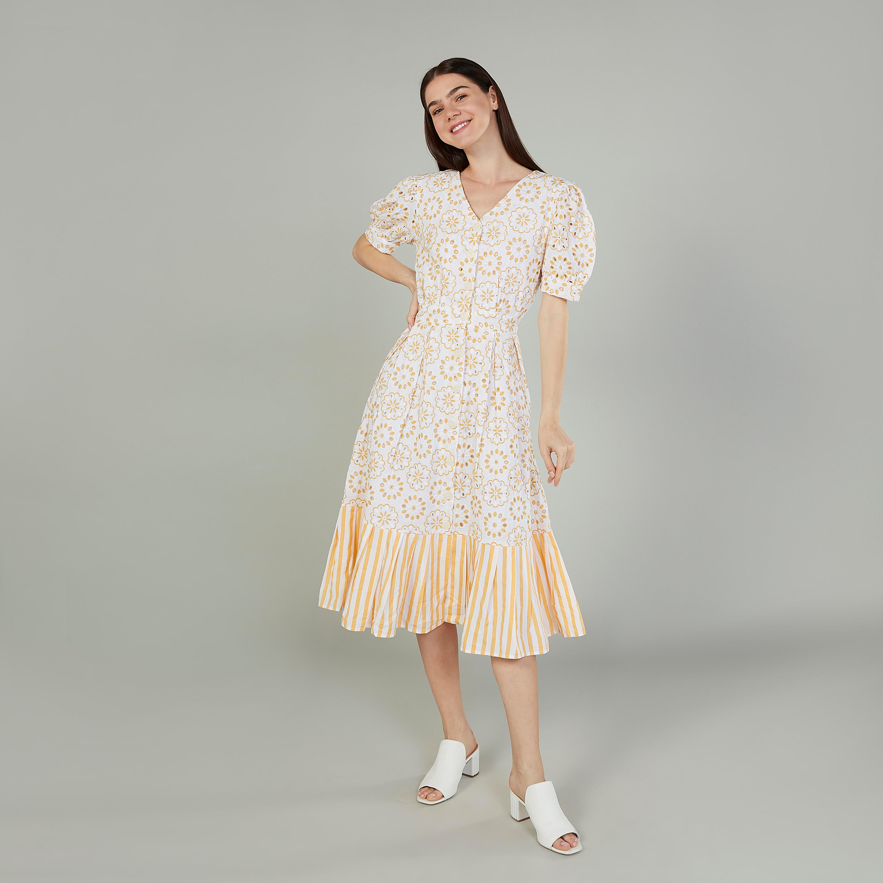 فستان متوسط الطول إيه لاين بأكمام قصيرة وأربطة من أيكونيك-women-clothing-dresses-image-2