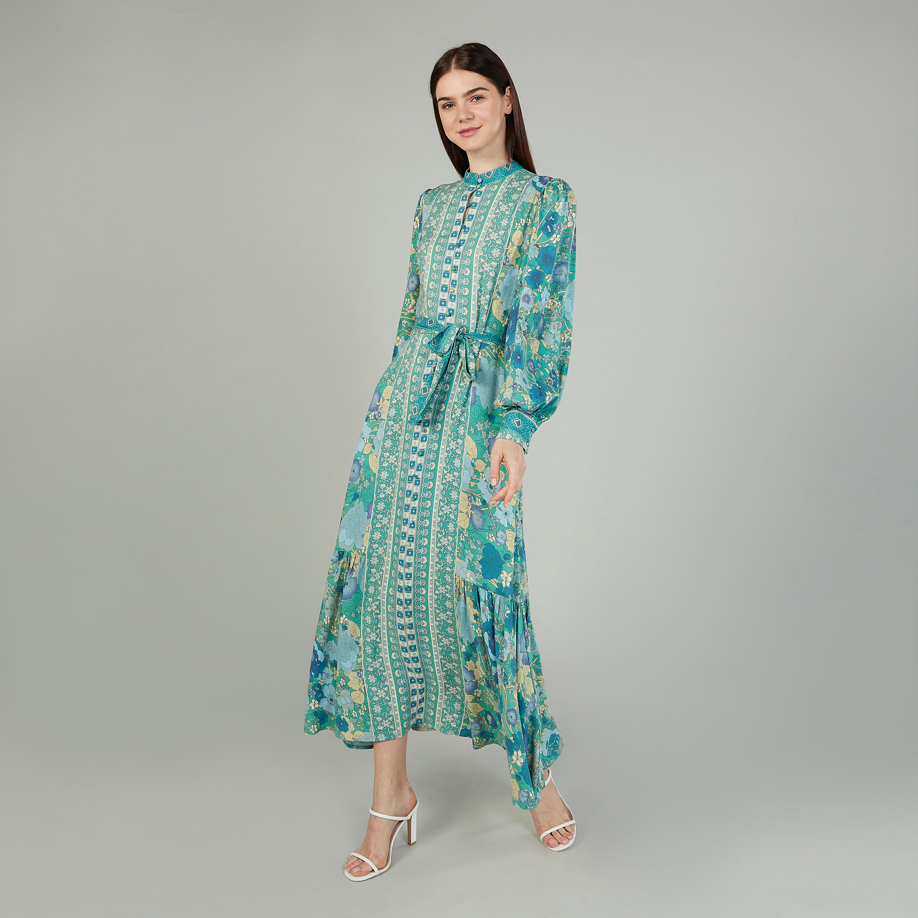 فستان طويل ايه لاين بأكمام بيشوب وأربطة وطبعات من آيكونيك-women-clothing-dresses-image-1