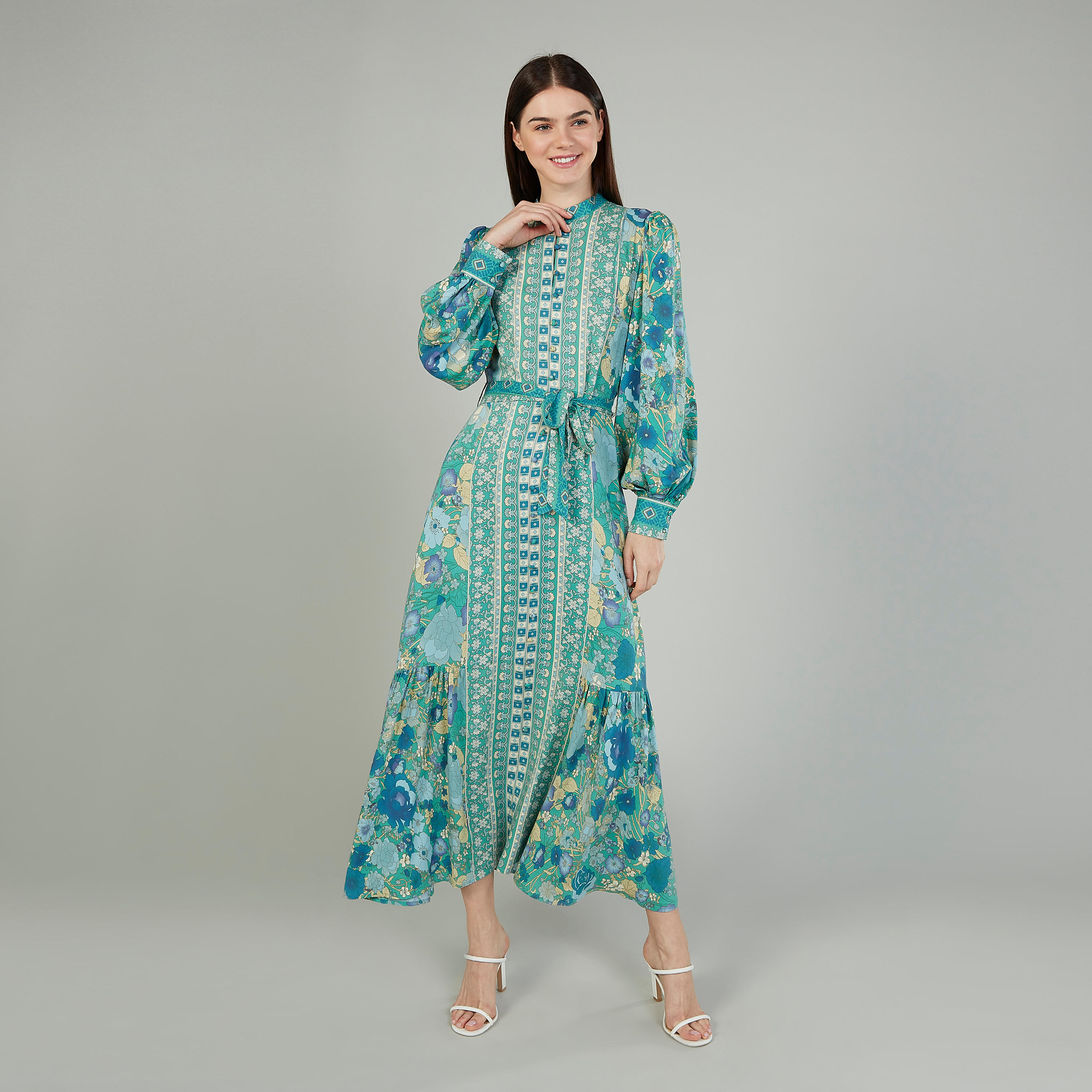 فستان طويل ايه لاين بأكمام بيشوب وأربطة وطبعات من آيكونيك-women-clothing-dresses-image-2